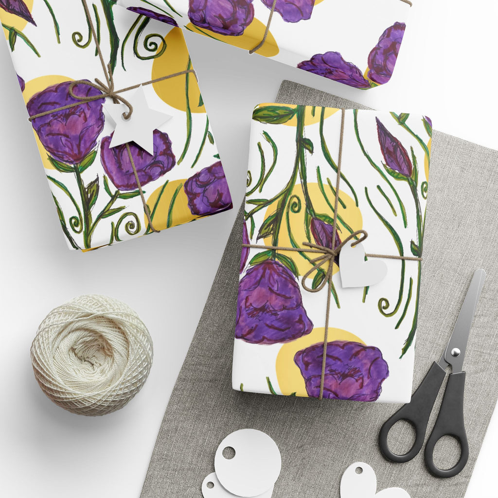 Floral Tulip Wrapping Paper Roll — Purple & Gold Garden Gift Wrap