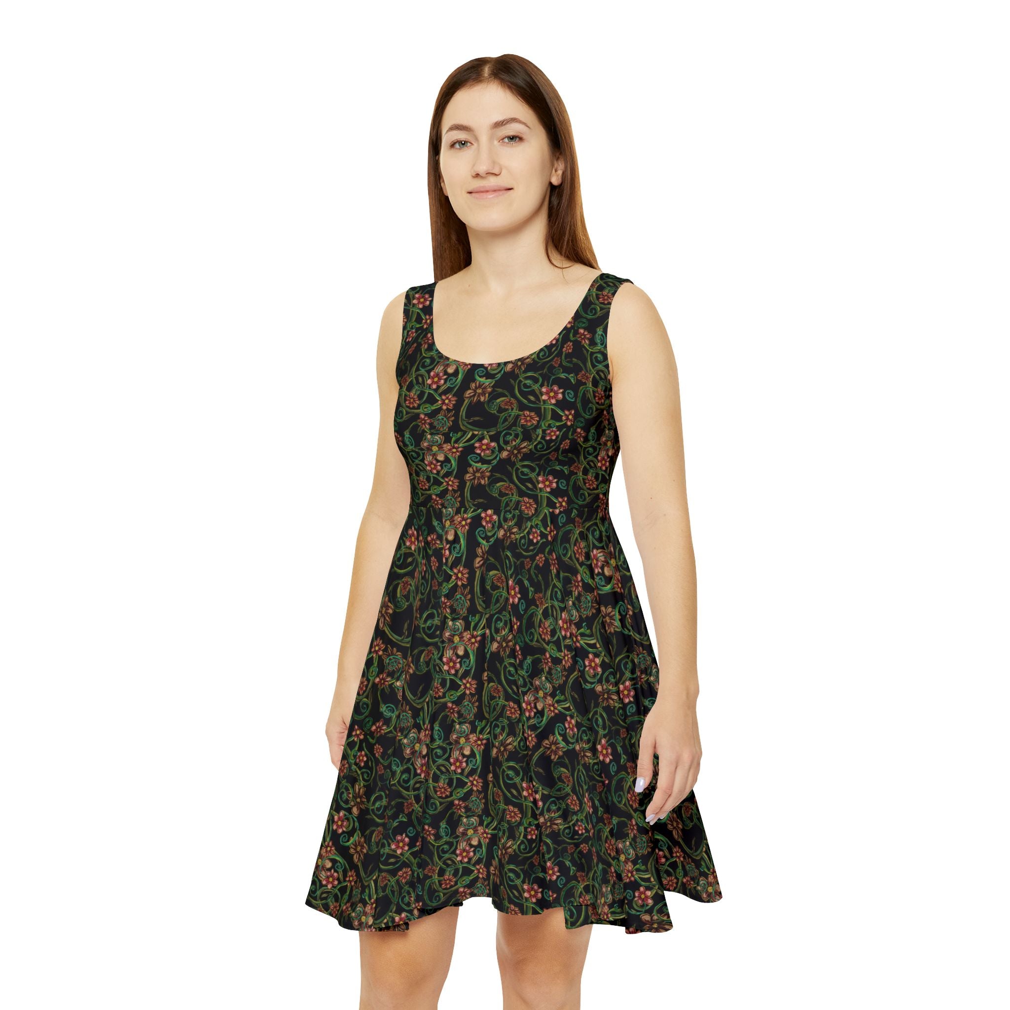 Floral Vine Skater Dress — Dark Green Vintage Botanical Print