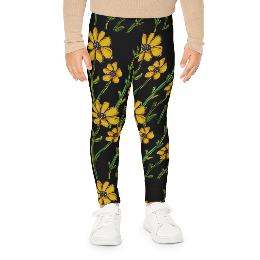Kids Floral Leggings — Yellow Wildflower Print on Black