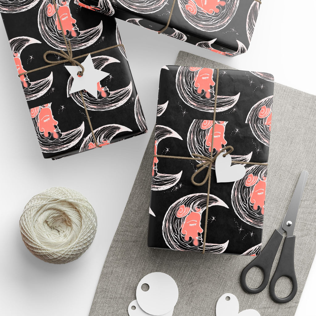 Moon Cat Wrapping Paper – Black & Coral Cat Crescent Gift Wrap