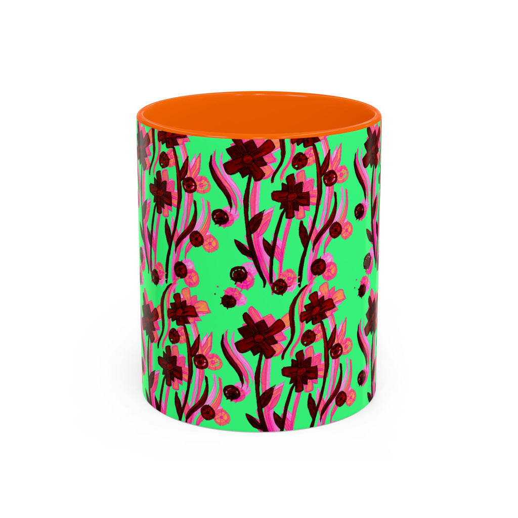 Floral Pop Accent Coffee Mug – Bold Red Flowers on Mint Green (11/15oz)