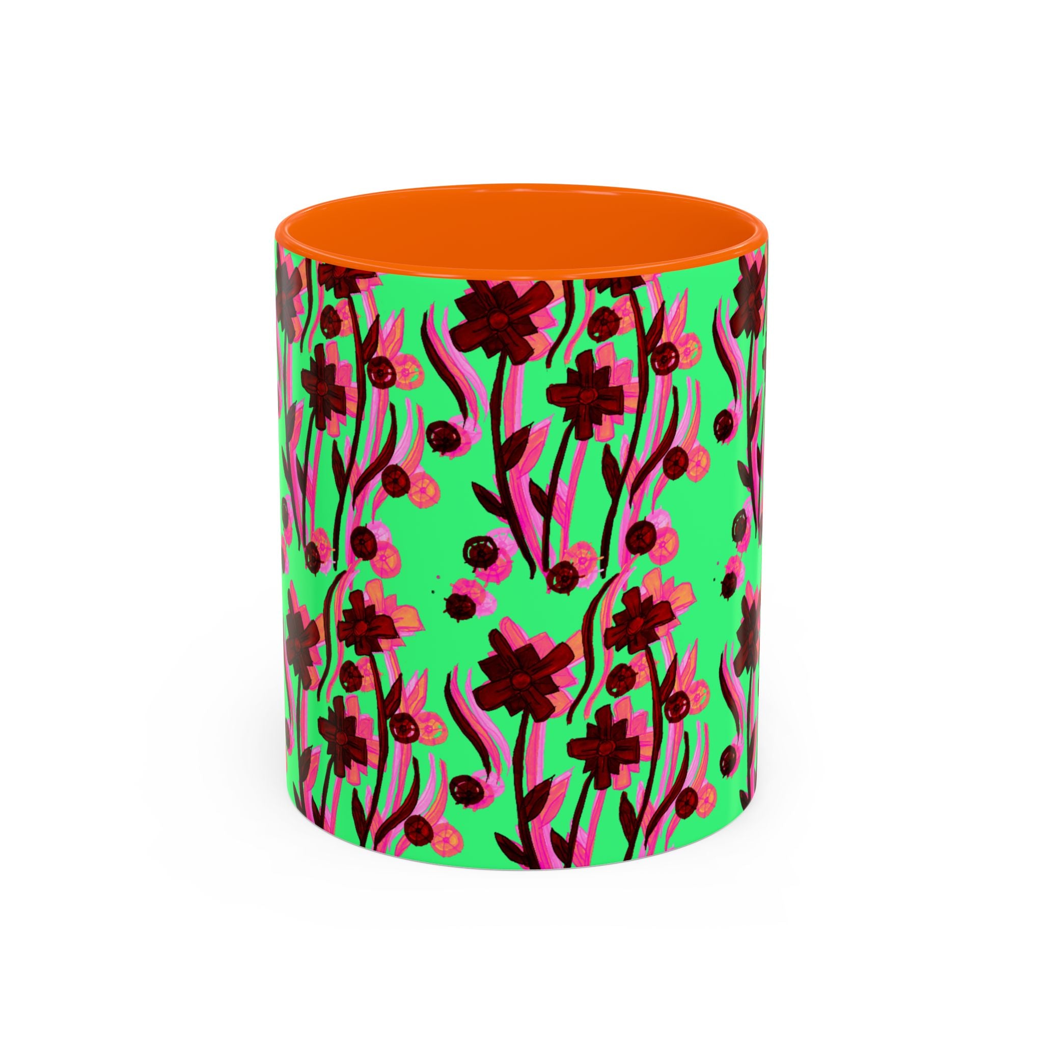 Floral Pop Accent Coffee Mug – Bold Red Flowers on Mint Green (11/15oz)