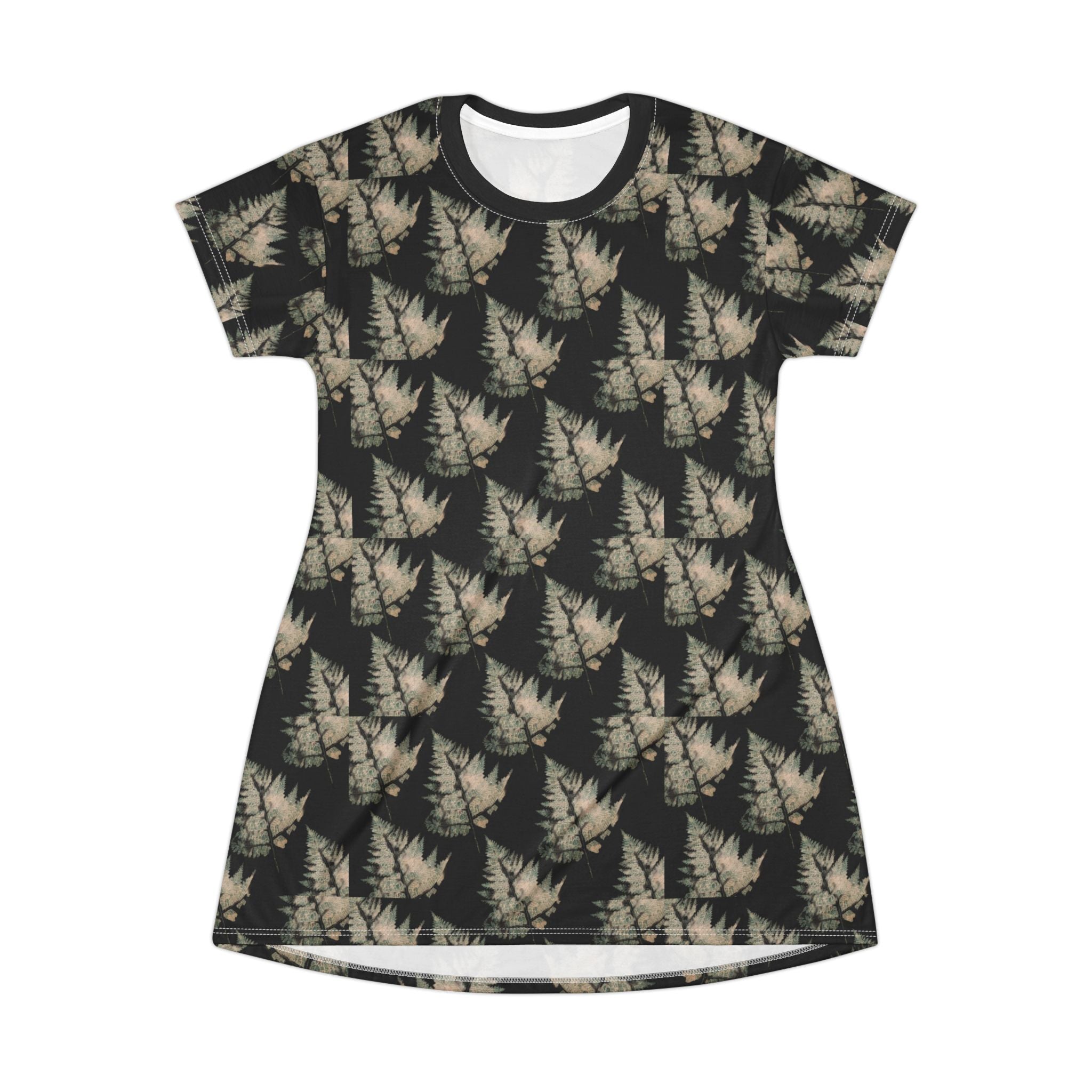 NANCY Print T-Shirt Dress — All-Over leaf Pattern