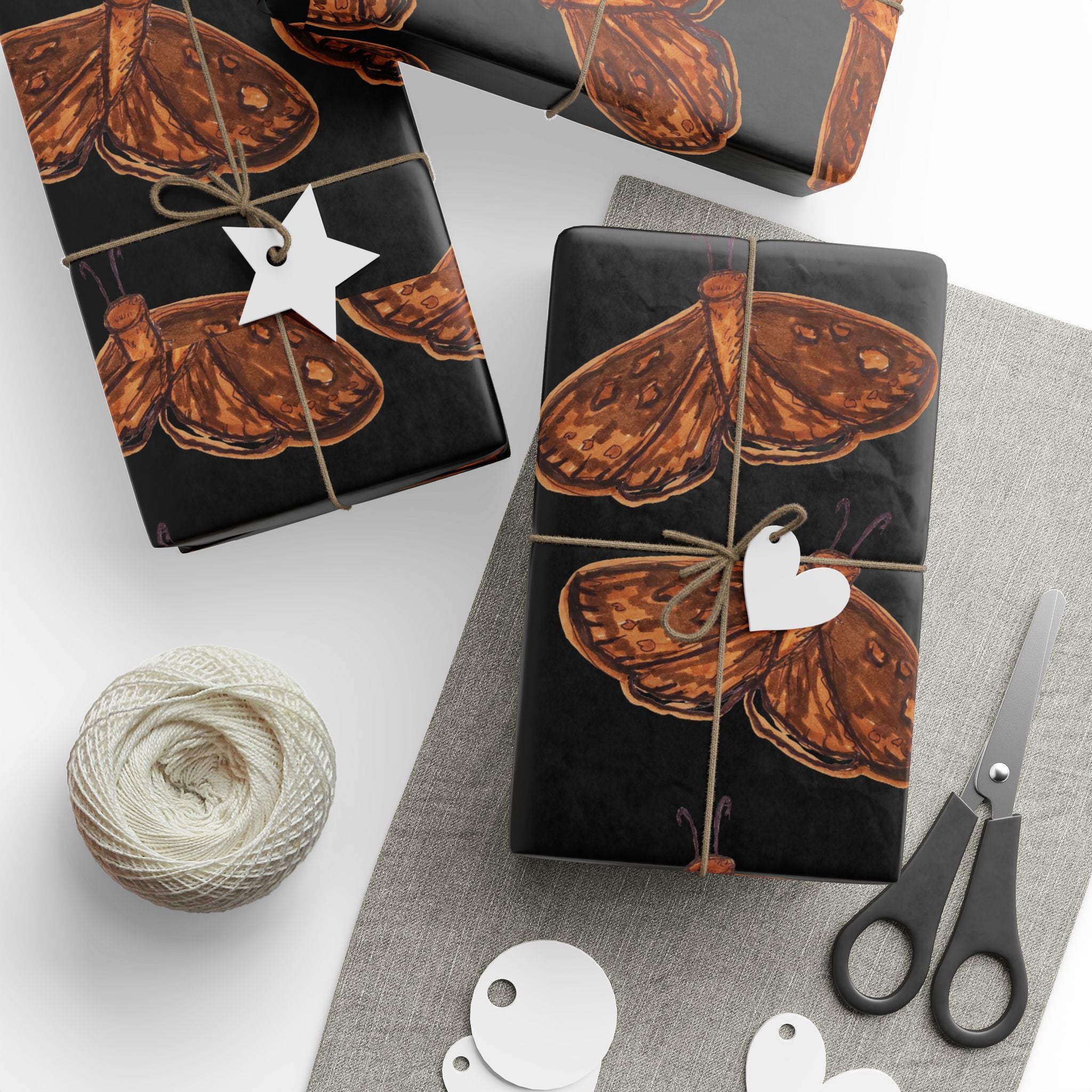 Moth Pattern Wrapping Paper — Vintage Brown Moth Gift Wrap on Black