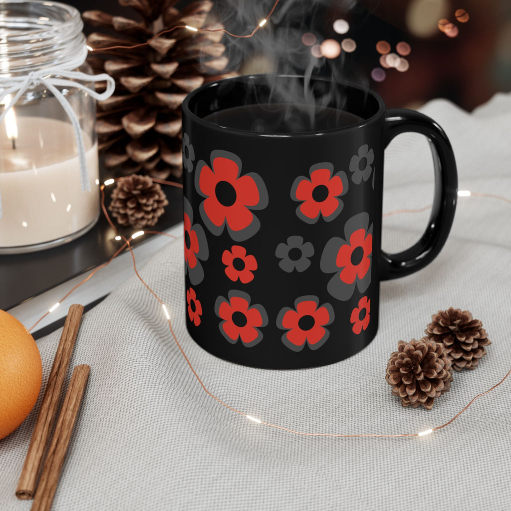 Black Floral Mug — Retro Red & Gray Flower Pattern Coffee Cup (11oz/15oz)
