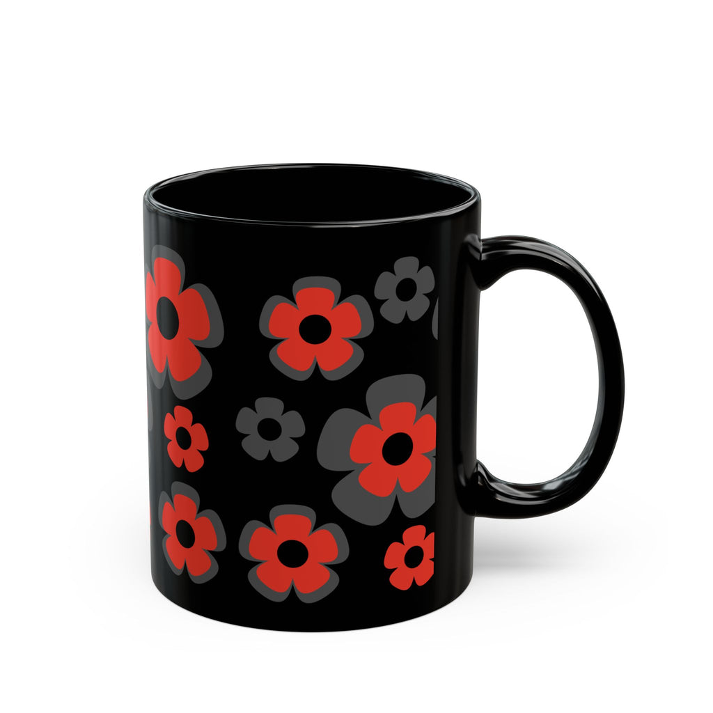 Black Floral Mug — Retro Red & Gray Flower Pattern Coffee Cup (11oz/15oz)