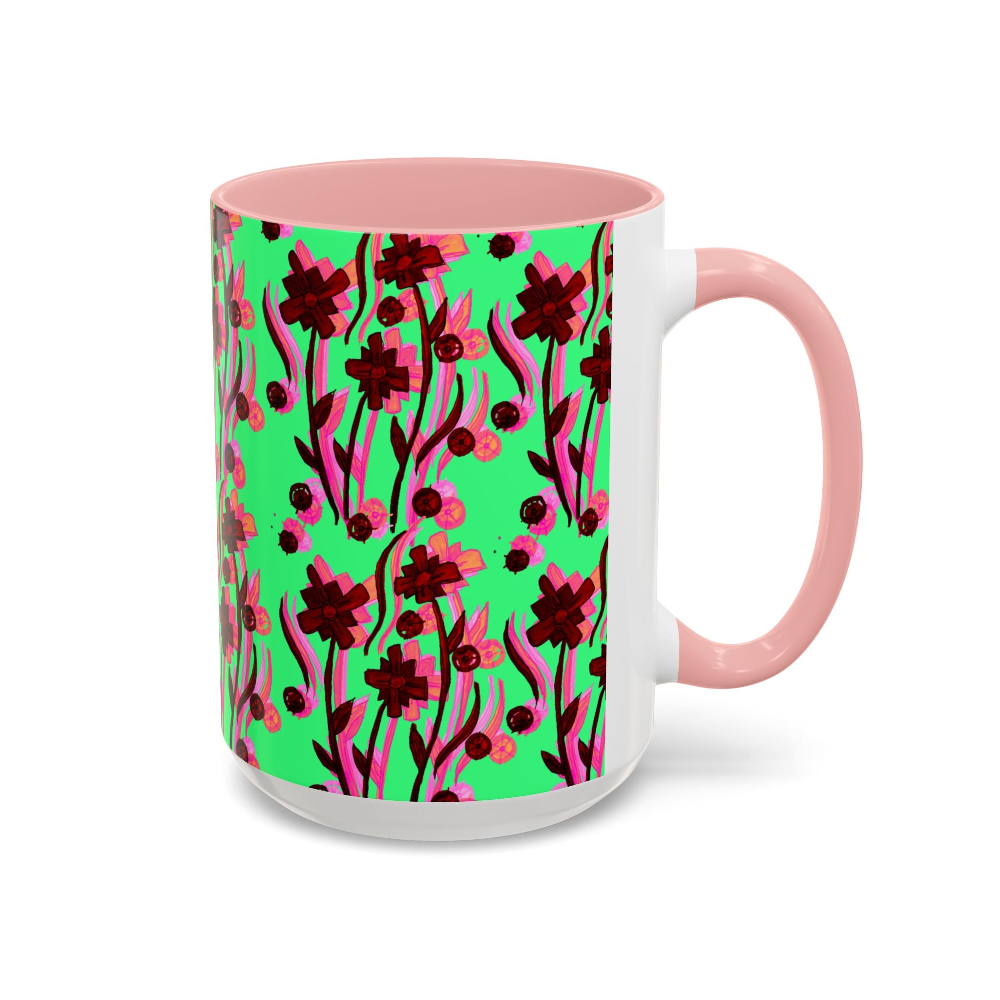 Floral Pop Accent Coffee Mug – Bold Red Flowers on Mint Green (11/15oz)
