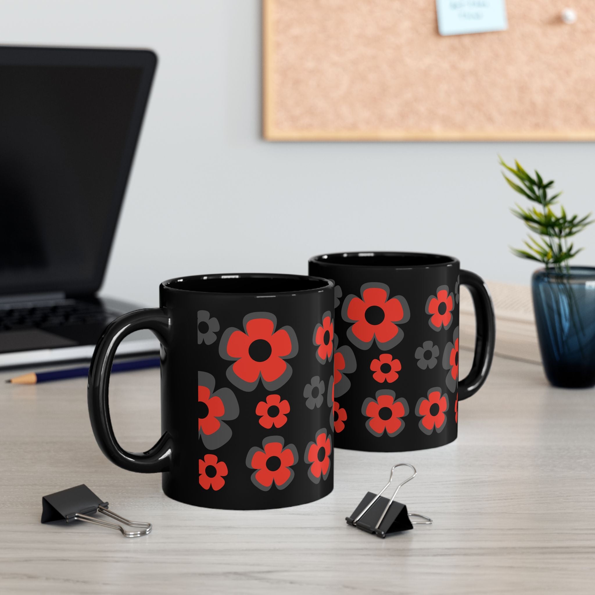 Black Floral Mug — Retro Red & Gray Flower Pattern Coffee Cup (11oz/15oz)