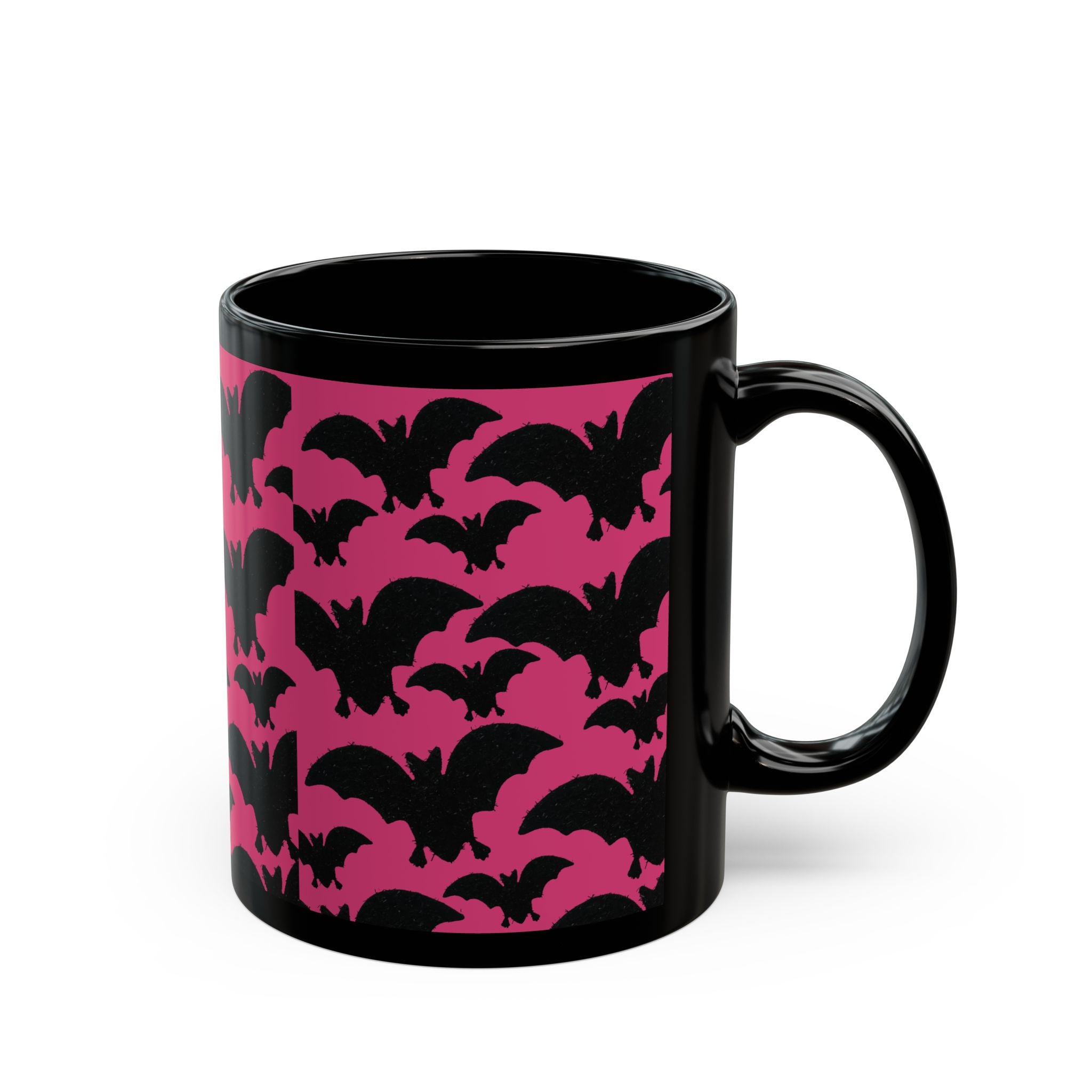 Pink Bat Pattern Black Mug — Halloween Gothic Coffee Cup (11oz/15oz)
