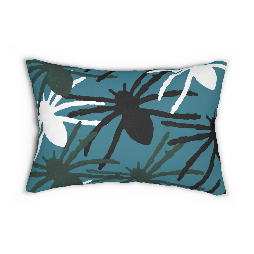Teal Tropical Spider Lily Lumbar Pillow — Botanical Floral Accent Cushion