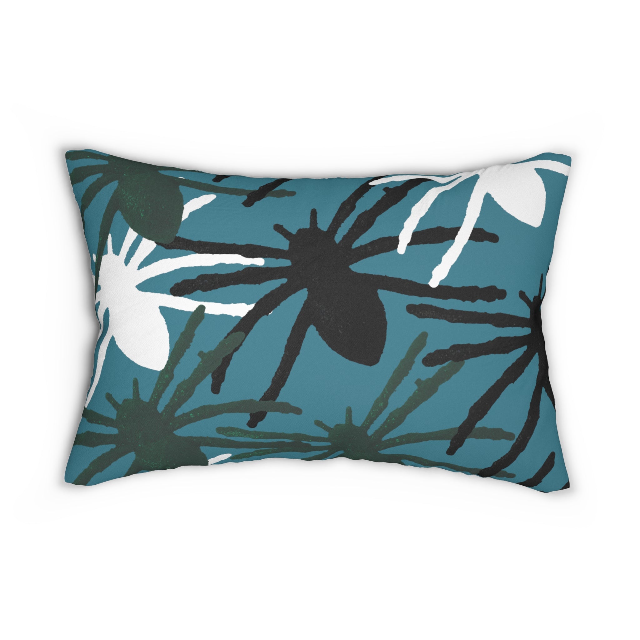 Teal Tropical Spider Lily Lumbar Pillow — Botanical Floral Accent Cushion