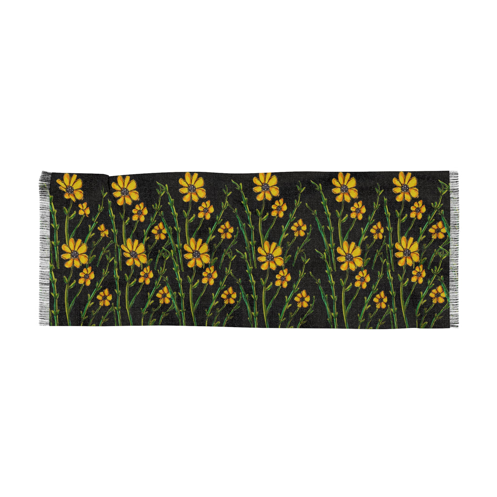 Black Floral Scarf with Yellow Wildflowers – Lightweight Spring Wrap