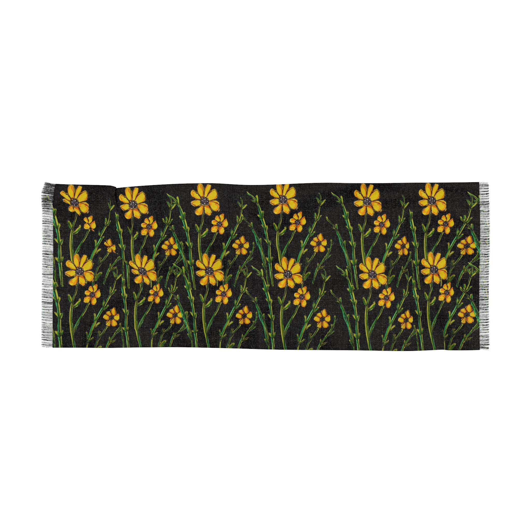 Black Floral Scarf with Yellow Wildflowers – Lightweight Spring Wrap