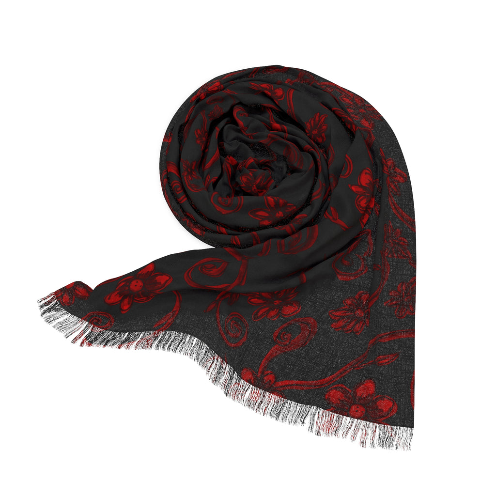 Red Floral Paisley Scarf – Lightweight Fringe Wrap