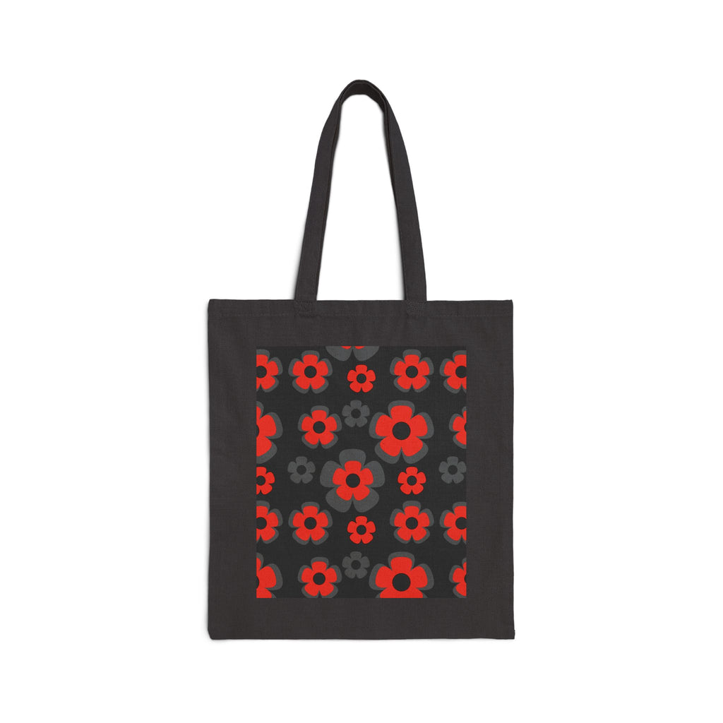 Red Retro Floral Tote Bag – Bold Poppy Pattern Cotton Canvas Tote