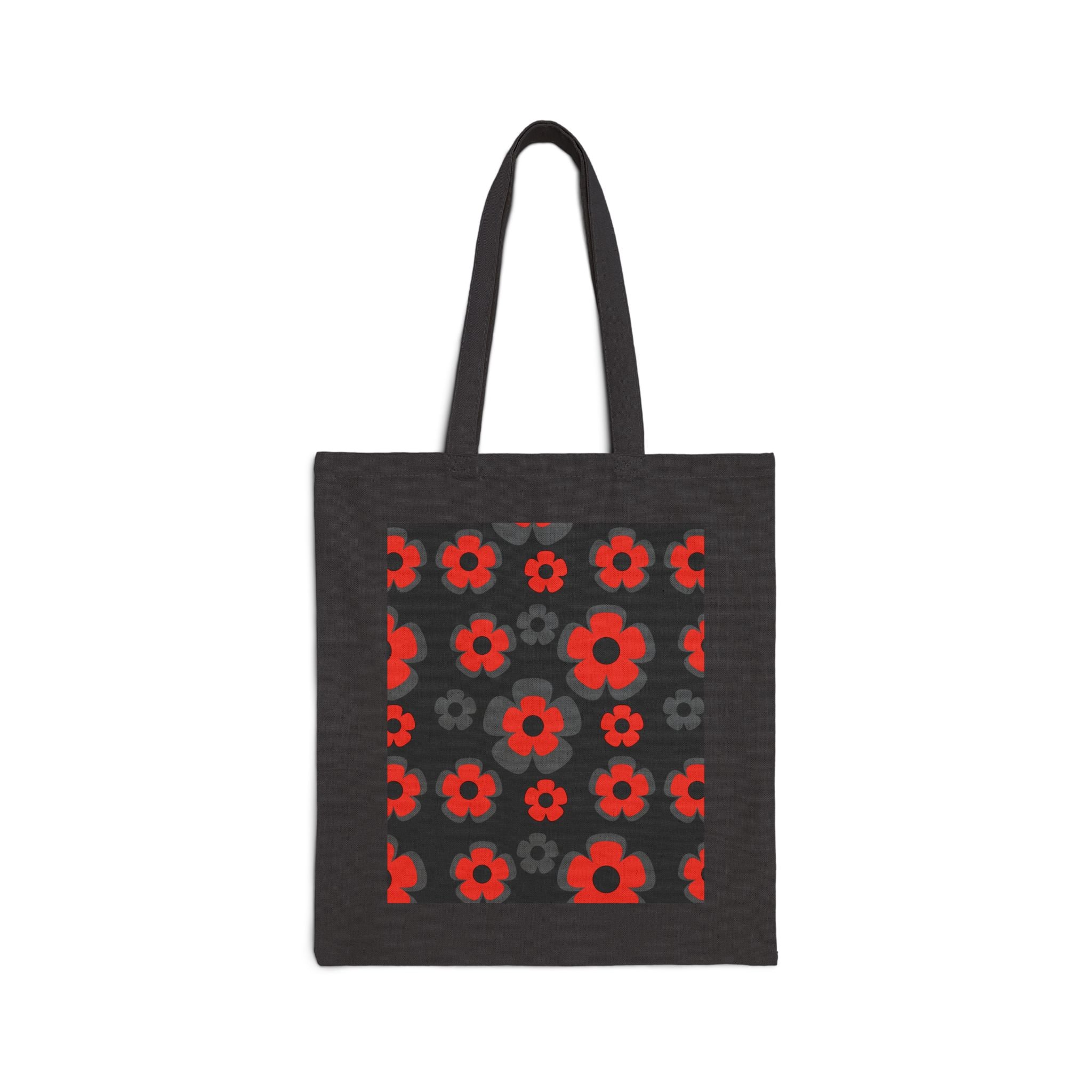 Red Retro Floral Tote Bag – Bold Poppy Pattern Cotton Canvas Tote