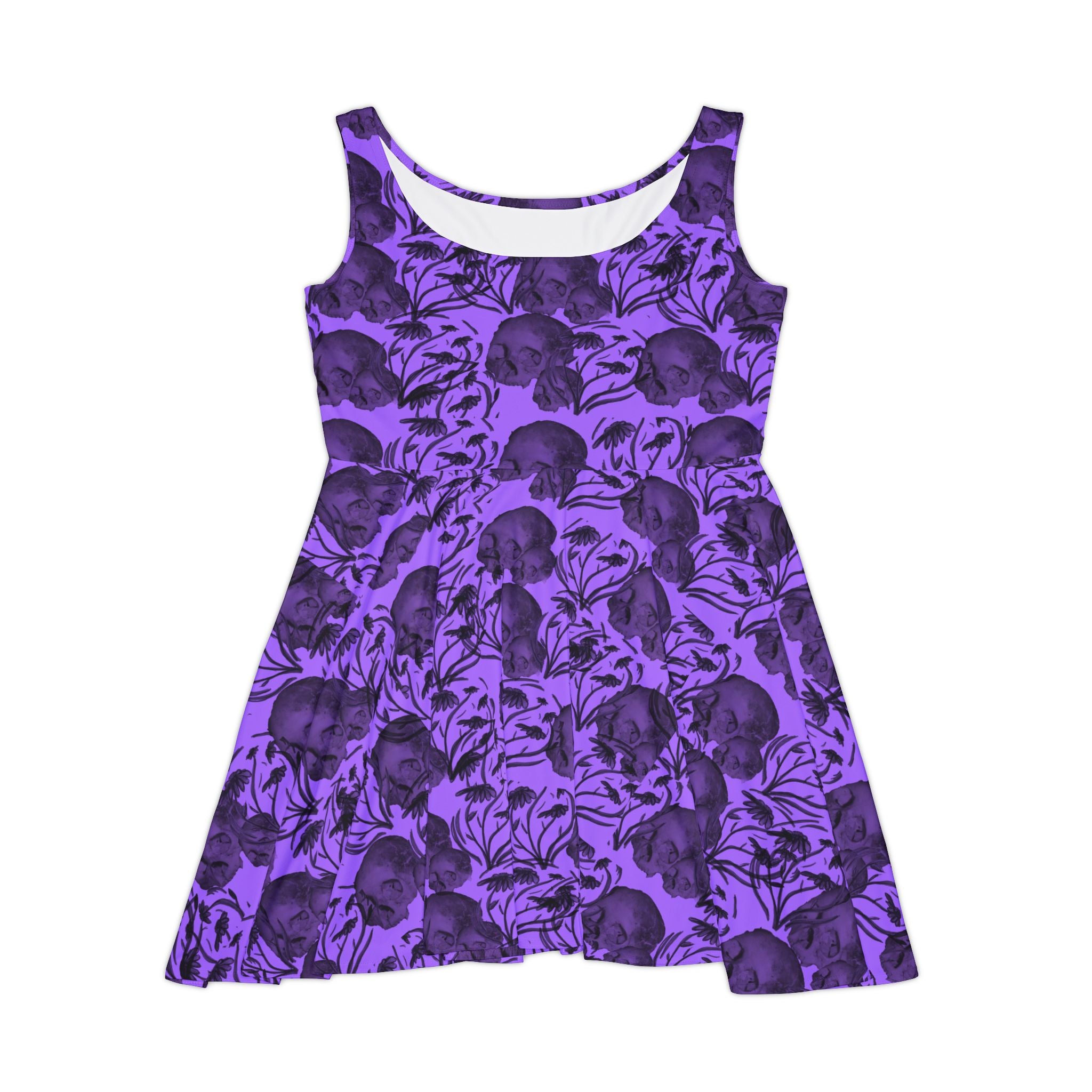 Purple Floral Skull Skater Dress — Gothic Patterned AOP Dress