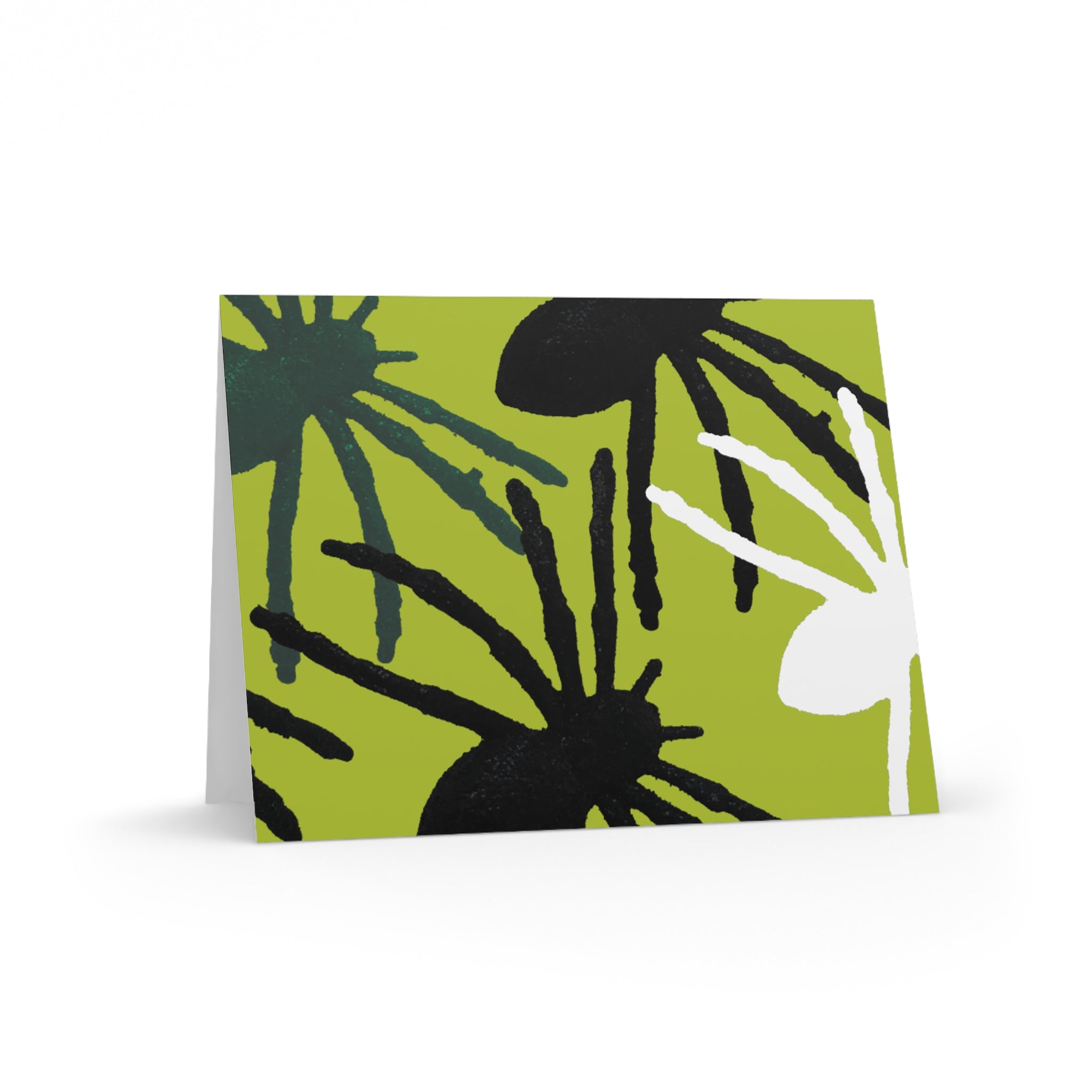 Floral Burst Greeting Cards — Pack of 8/16/24 Blank Note Cards (Green Abstract Daisy Design)