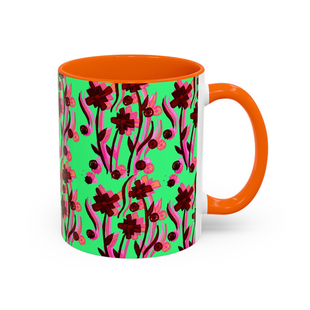 Floral Pop Accent Coffee Mug – Bold Red Flowers on Mint Green (11/15oz)