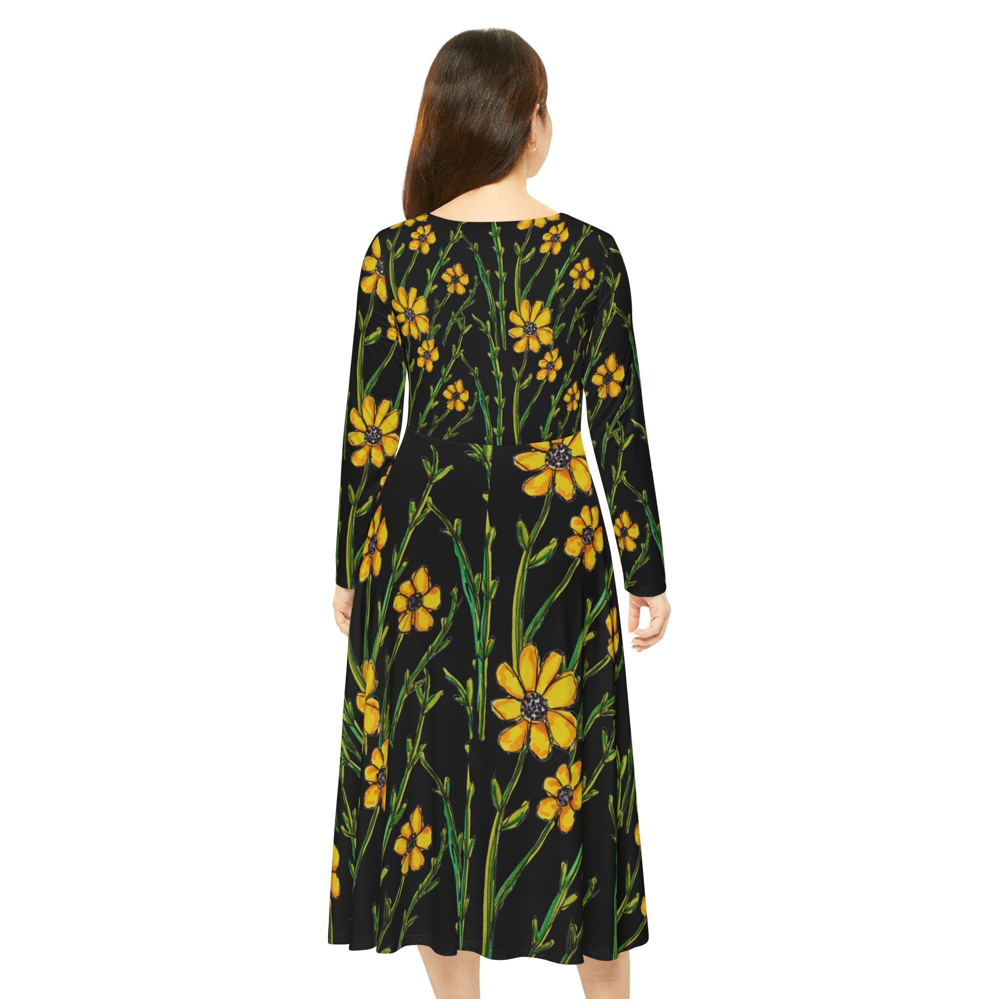 Floral Swing Dress — Yellow Wildflower Long-Sleeve Dance Dress