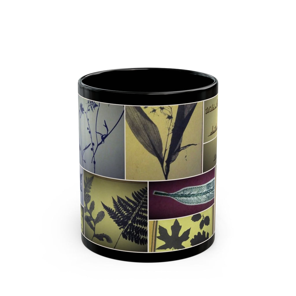 Botanical Collage Black Mug — Vintage Pressed Plants & Script 11oz/15oz