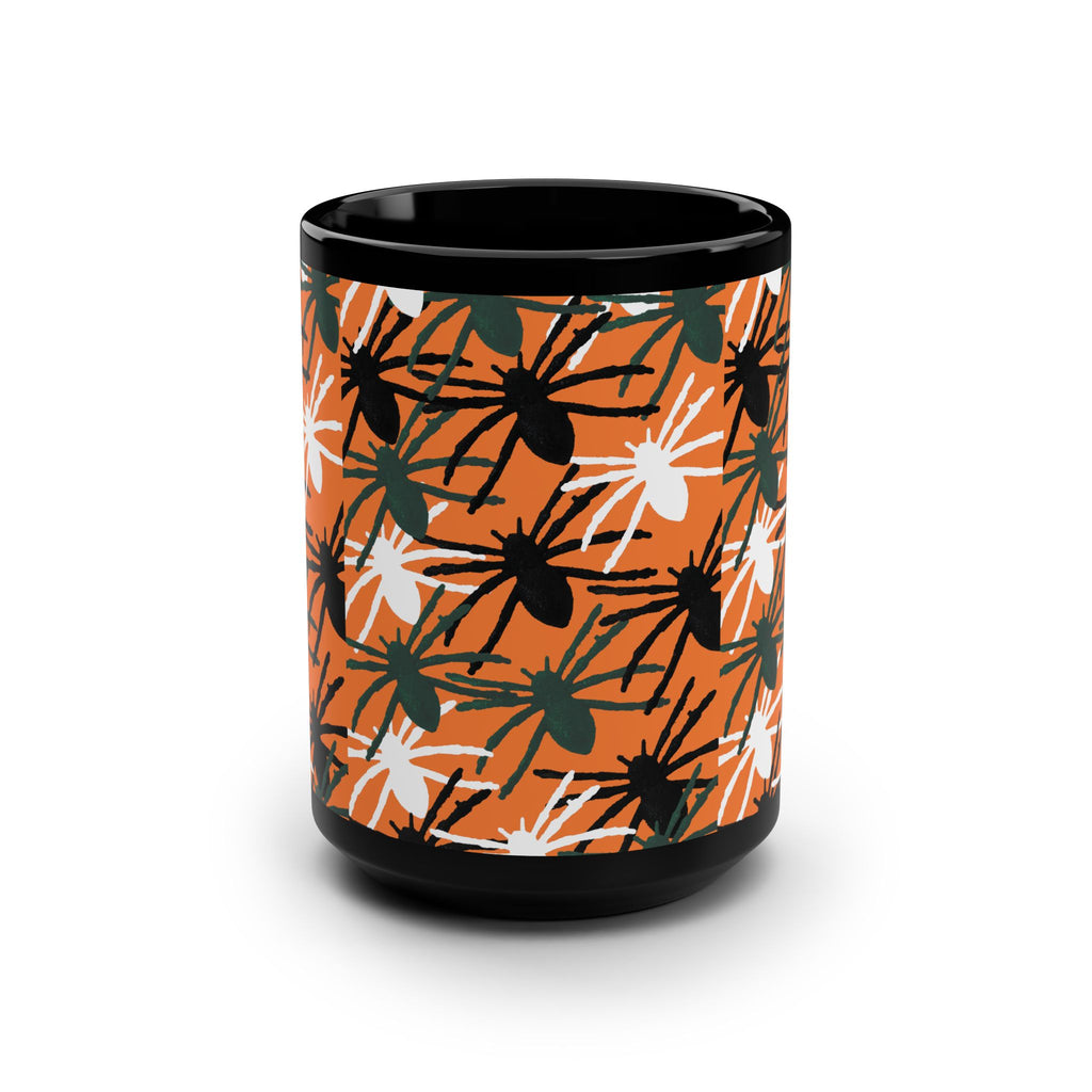 Spider Pattern 15oz Black Mug — Halloween Orange Spider Repeat Design