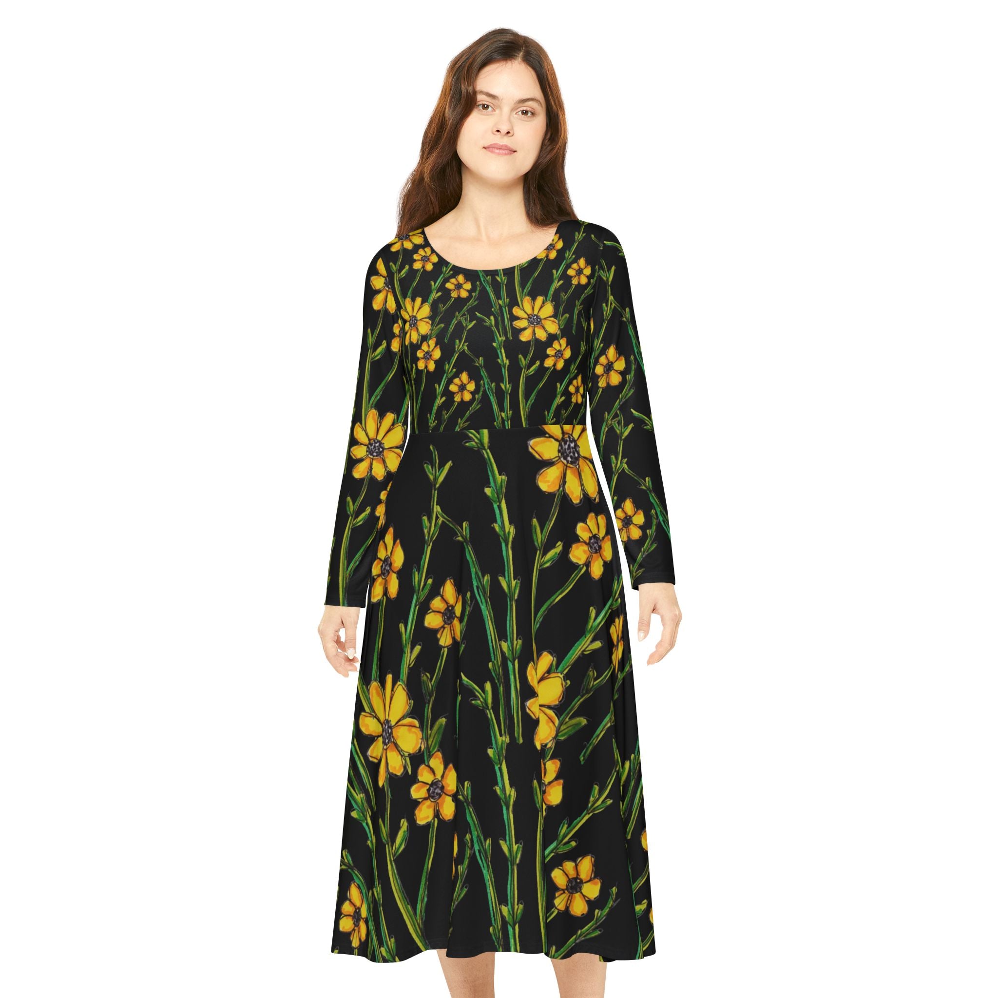 Floral Swing Dress — Yellow Wildflower Long-Sleeve Dance Dress