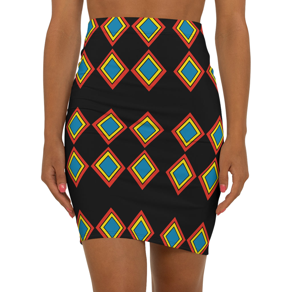 Geometric Diamond Print Pencil Skirt — Bold Black & Multicolor Mid‑Waist
