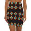 Geometric Diamond Print Pencil Skirt — Bold Black & Multicolor Mid‑Waist