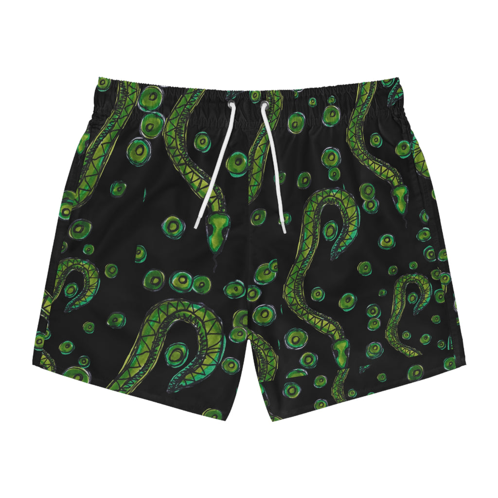 Tentacle Pattern Swim Trunks — Green Octopus Ink All-Over Print