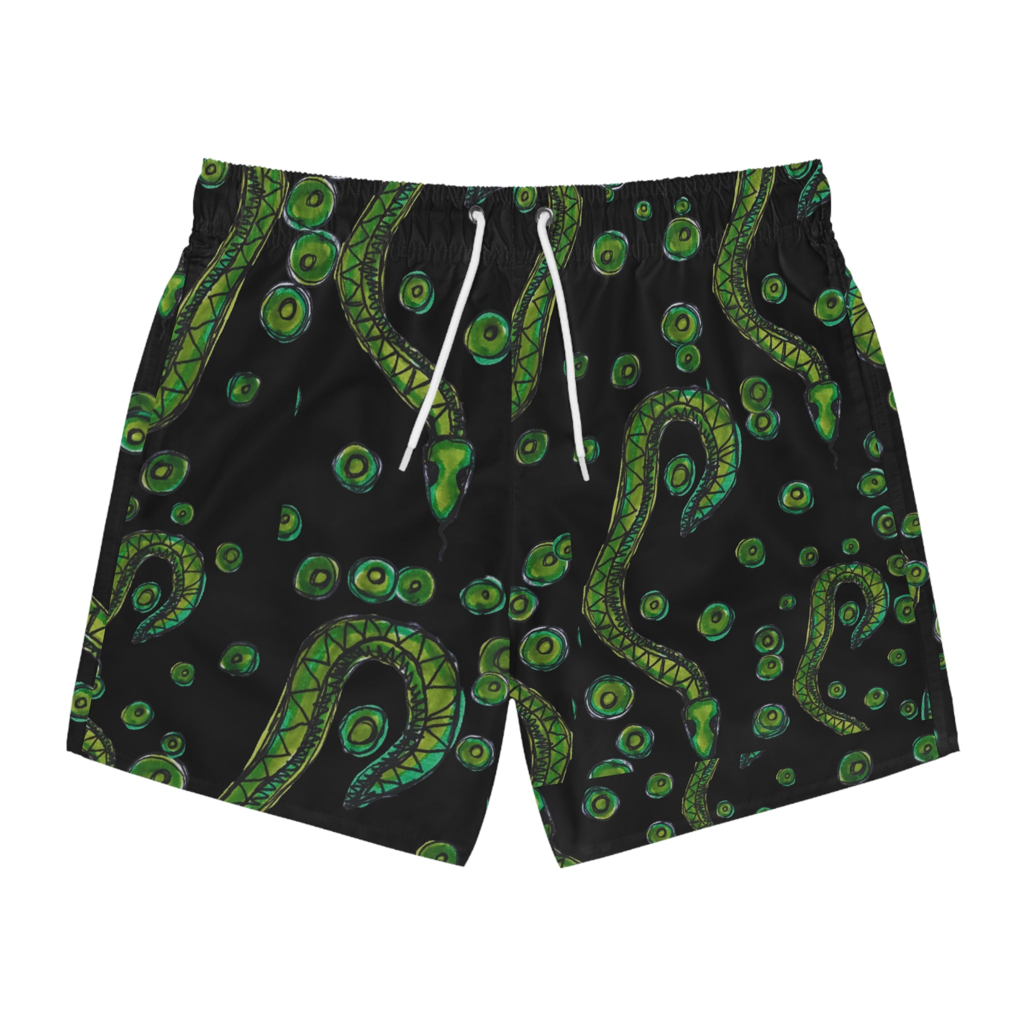 Tentacle Pattern Swim Trunks — Green Octopus Ink All-Over Print