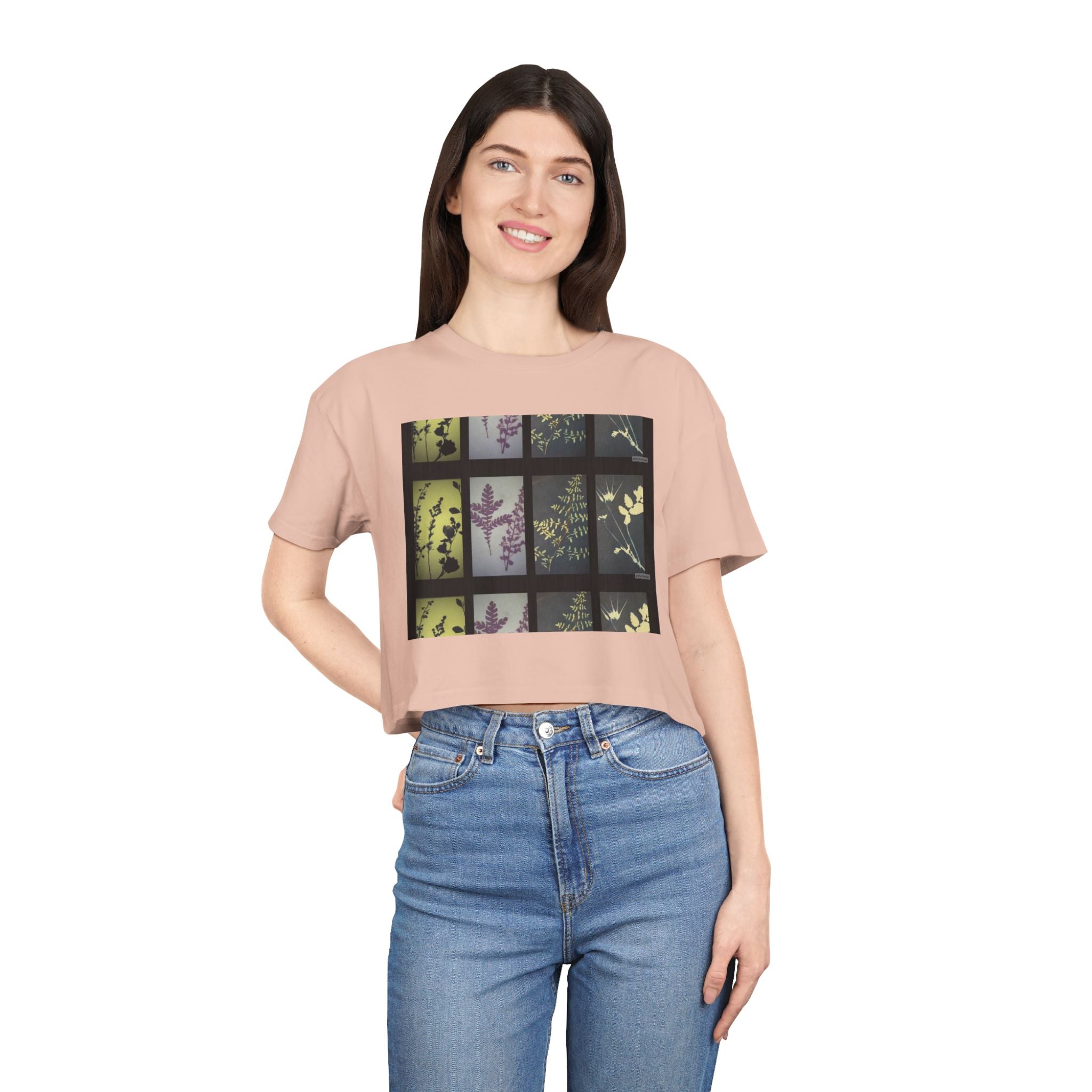 Botanical Grid Women's Crop Tee — Vintage Floral Silhouette Top