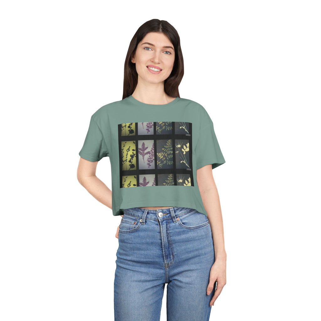 Botanical Grid Women's Crop Tee — Vintage Floral Silhouette Top