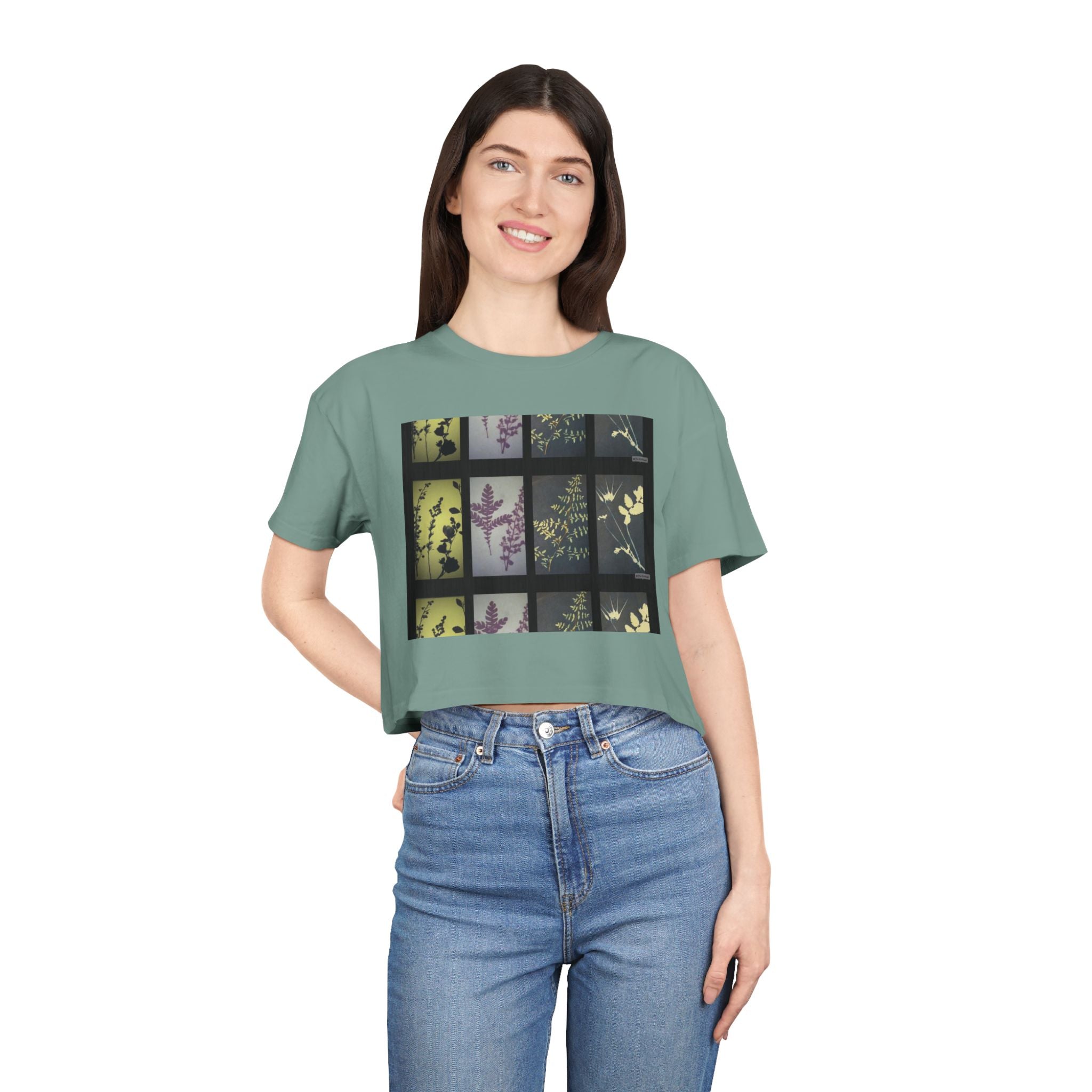 Botanical Grid Women's Crop Tee — Vintage Floral Silhouette Top