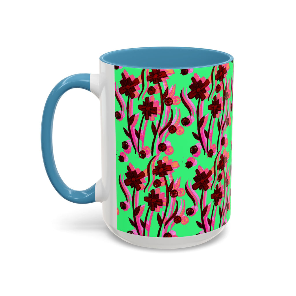 Floral Pop Accent Coffee Mug – Bold Red Flowers on Mint Green (11/15oz)