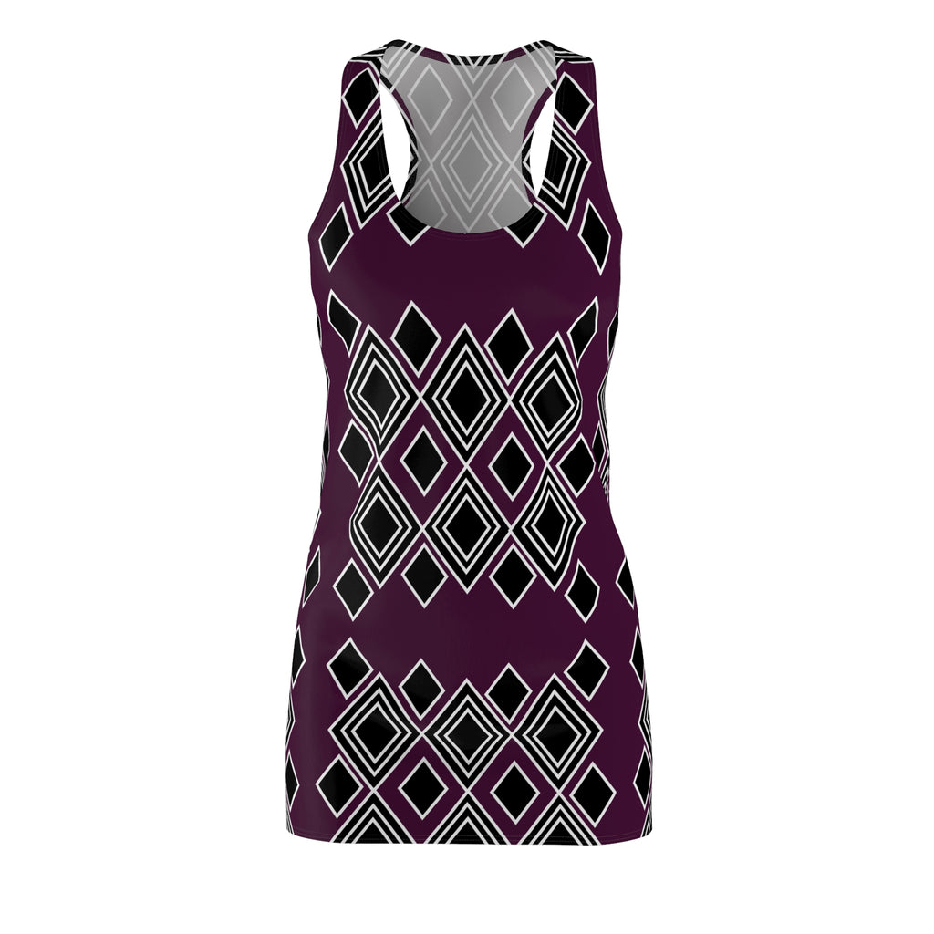 Geometric Diamond Racerback Dress — Plum & Black All-Over Print