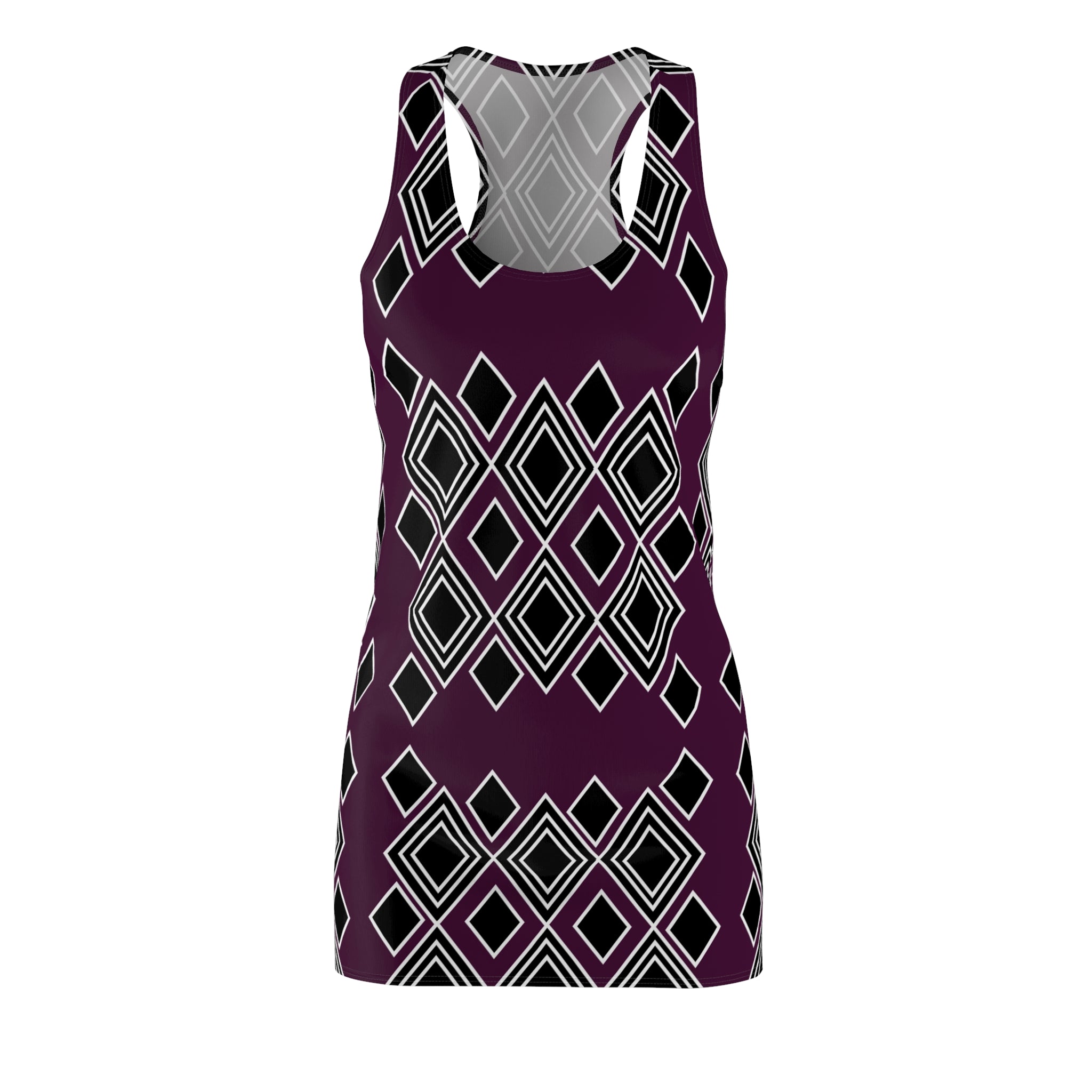 Geometric Diamond Racerback Dress — Plum & Black All-Over Print