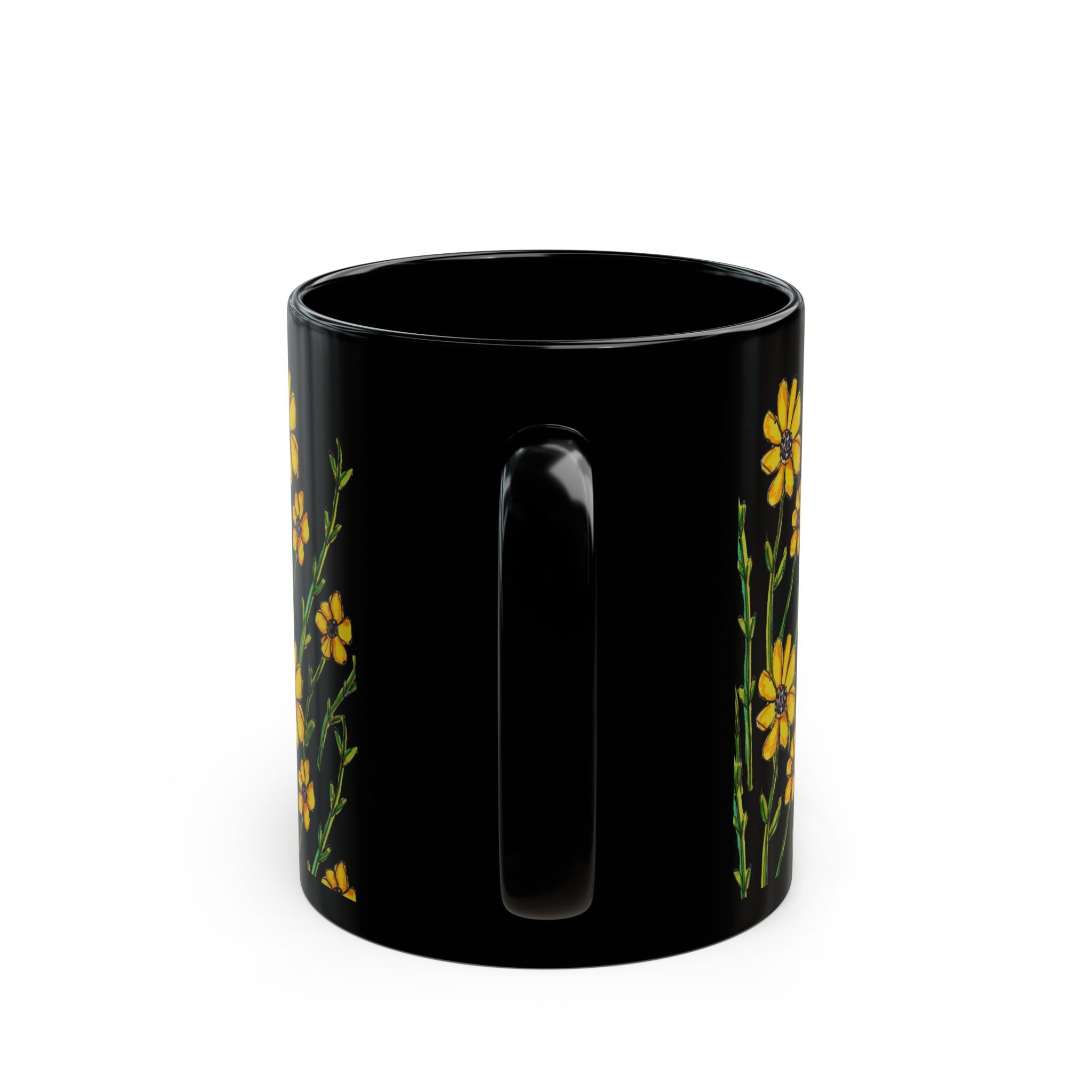 Black Floral Mug — Yellow Wildflower Coffee Cup (11oz & 15oz)