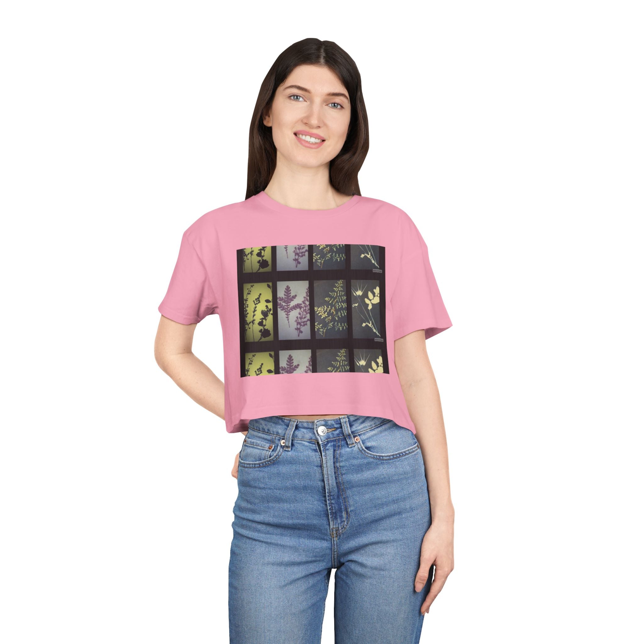 Botanical Grid Women's Crop Tee — Vintage Floral Silhouette Top