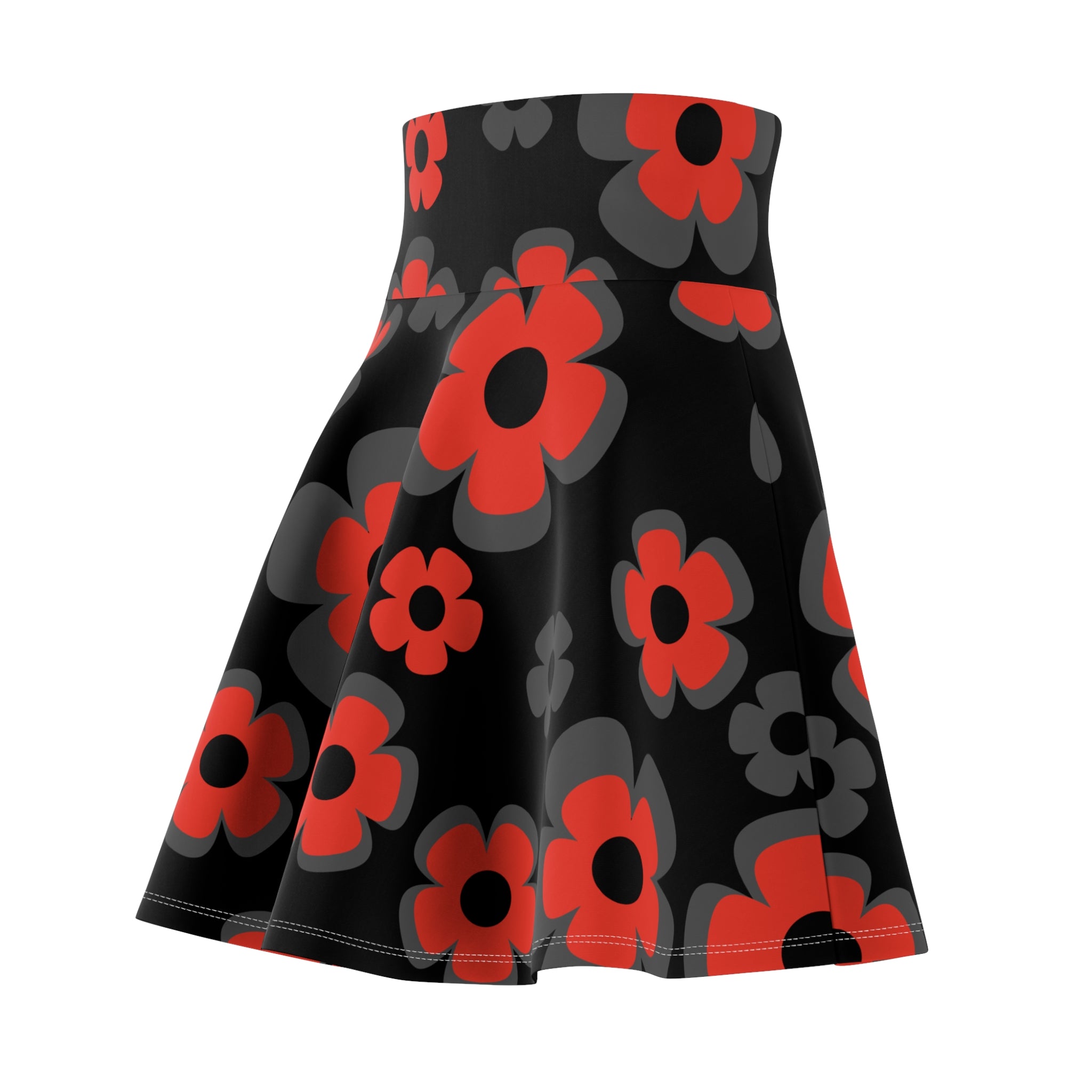 Red & Gray Retro Flower Skater Skirt — 60s Floral AOP