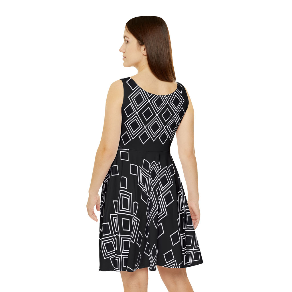 Black Geometric Skater Dress – Retro Diamond Pattern AOP