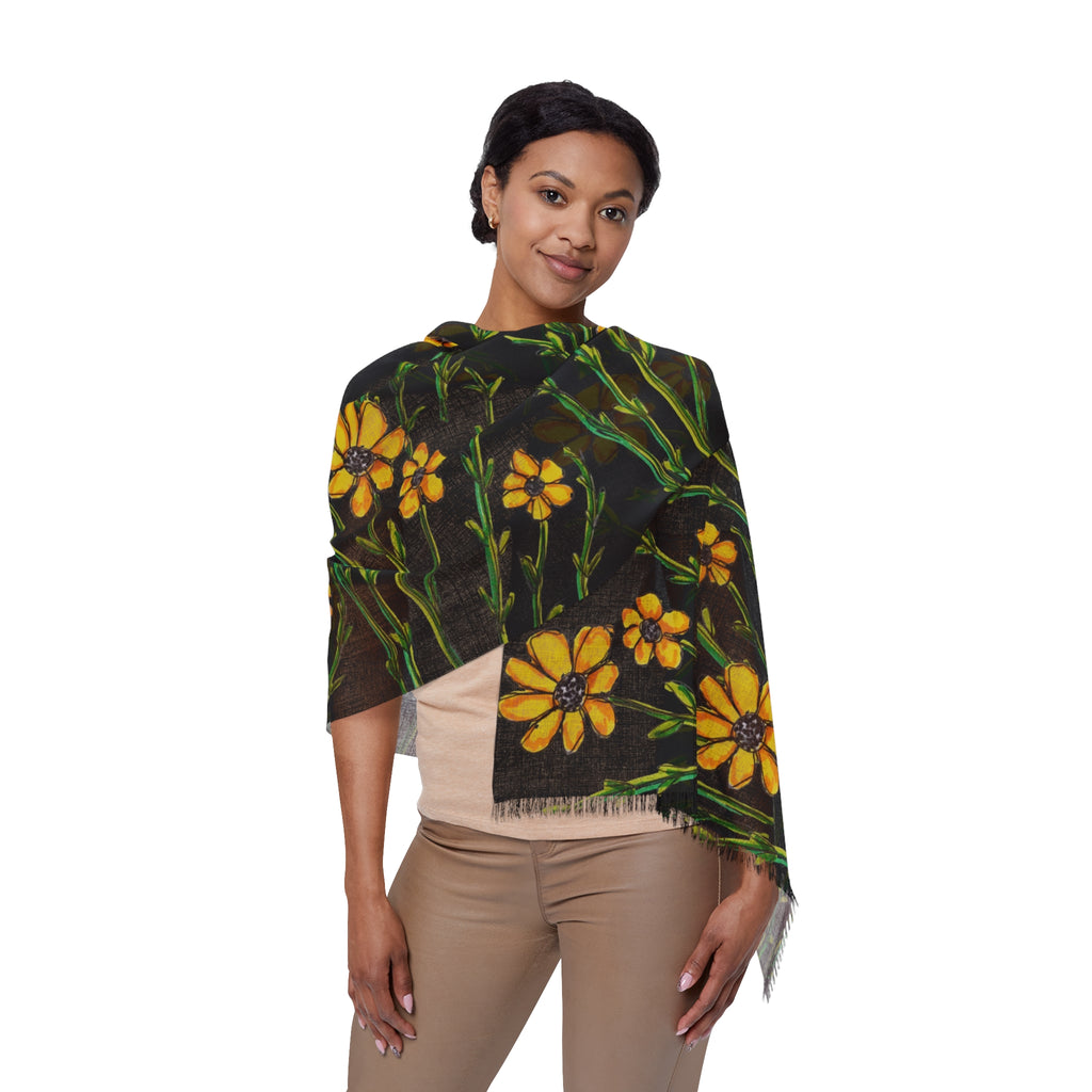 Black Floral Scarf with Yellow Wildflowers – Lightweight Spring Wrap