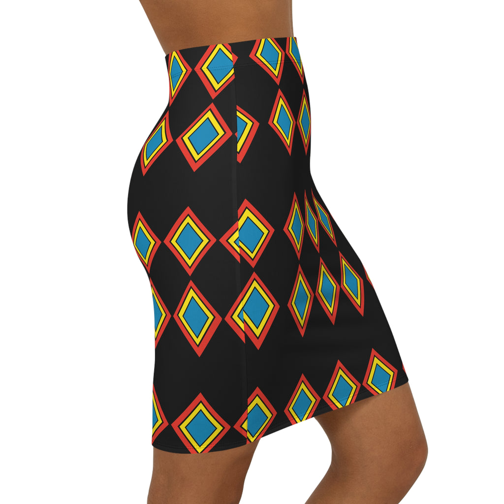 Geometric Diamond Print Pencil Skirt — Bold Black & Multicolor Mid‑Waist