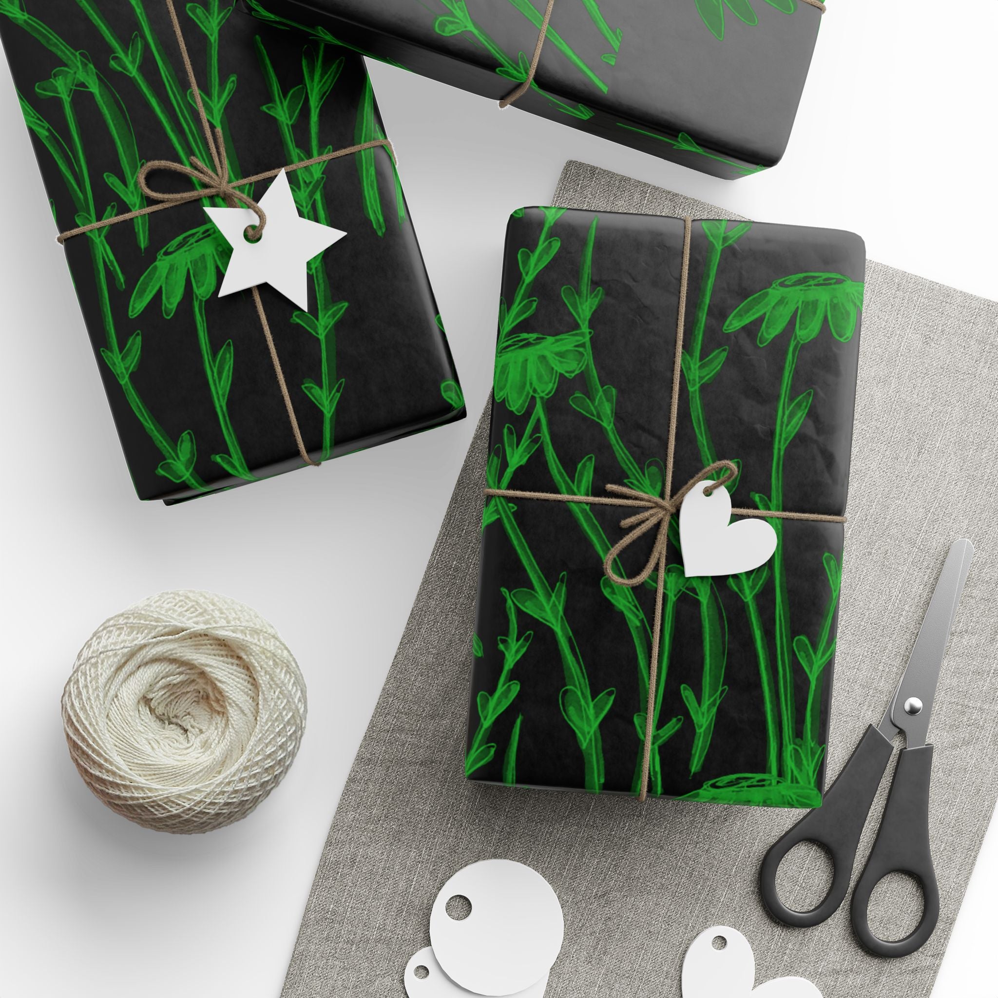 Botanical Black & Neon Green Wrapping Paper — Floral Gift Wrap for Gothic, Eco-Chic & Halloween Occasions