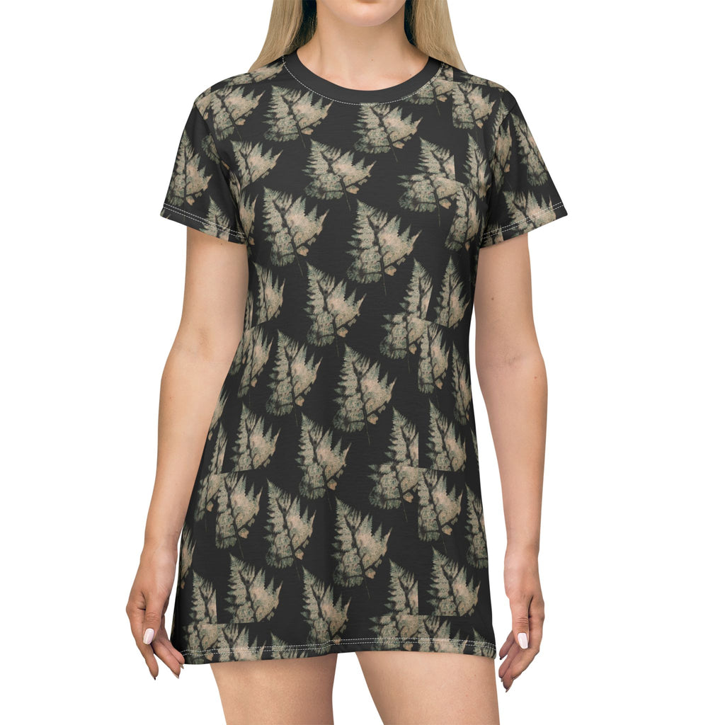 NANCY Print T-Shirt Dress — All-Over leaf Pattern