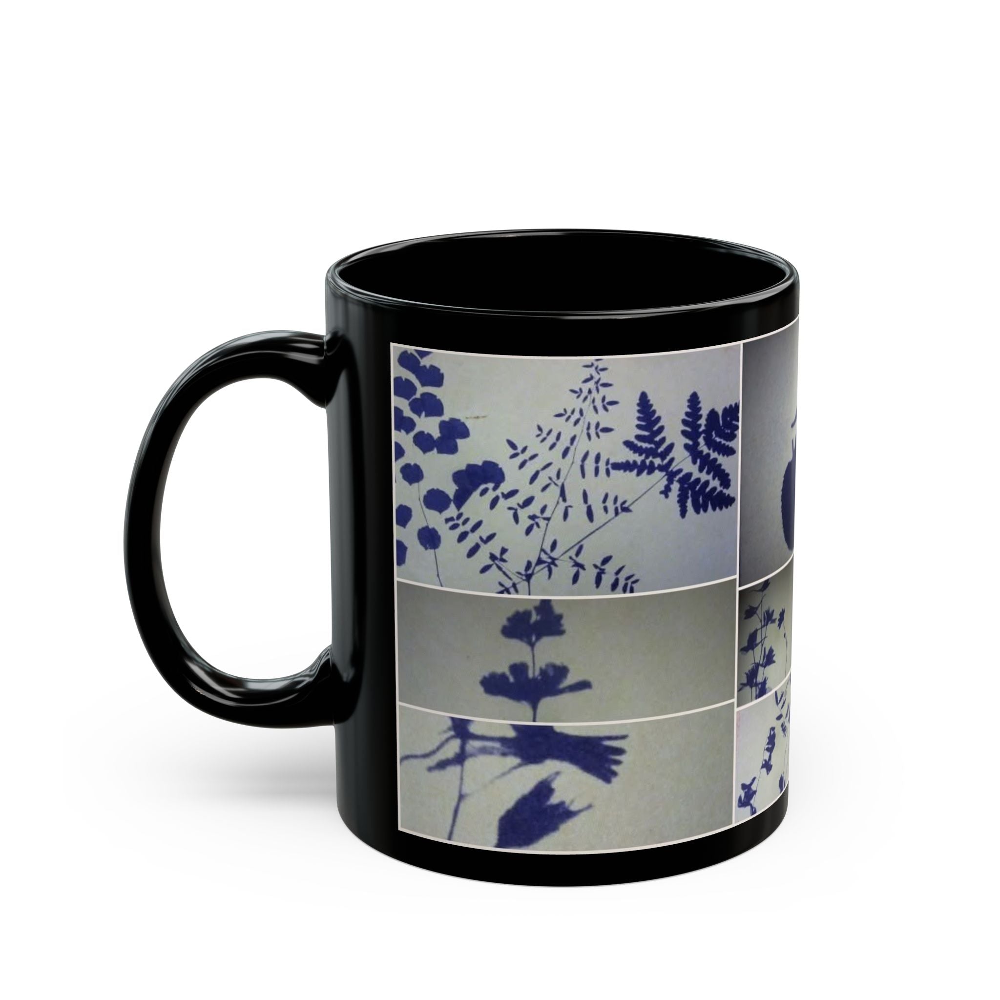 Botanical Shadow Collage Mug — Blue Floral Silhouettes (11oz/15oz)