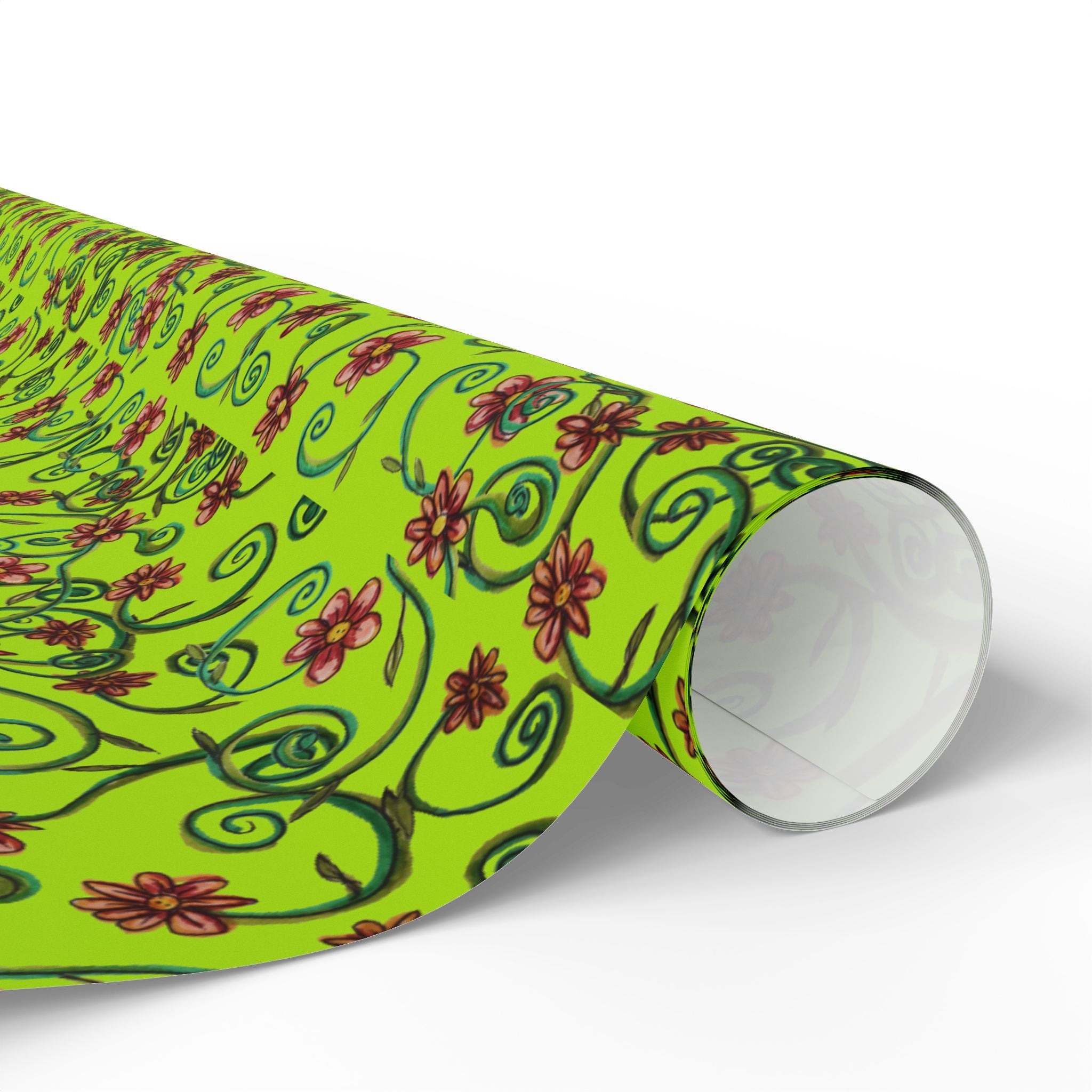 TINK Floral Vine Wrapping Paper — Bright Green Gift Wrap with Pink Flowers