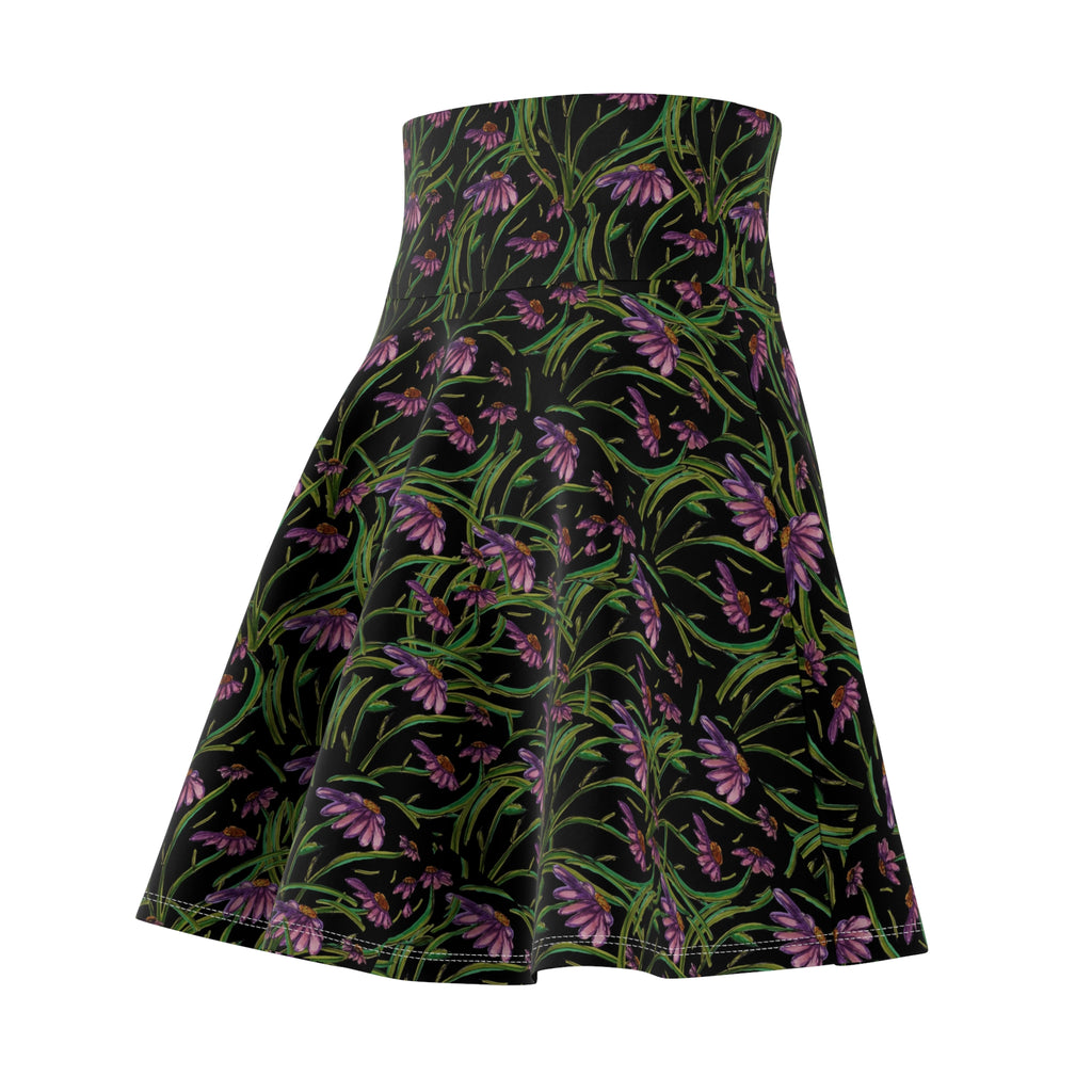 Floral Echinacea Skater Skirt — Black Wildflower Print