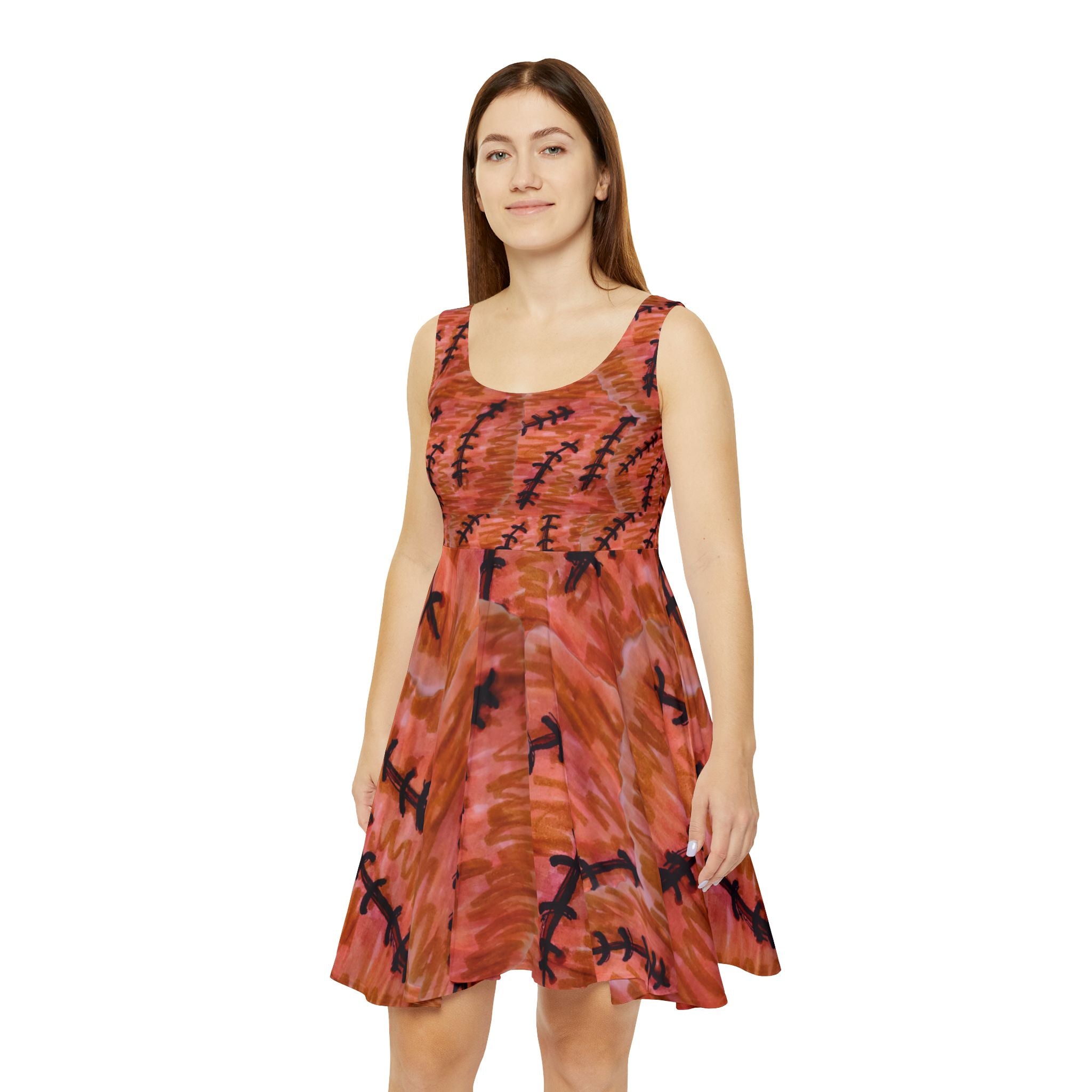 Orange Abstract Fern Print Skater Dress — Women's AOP Summer Dress