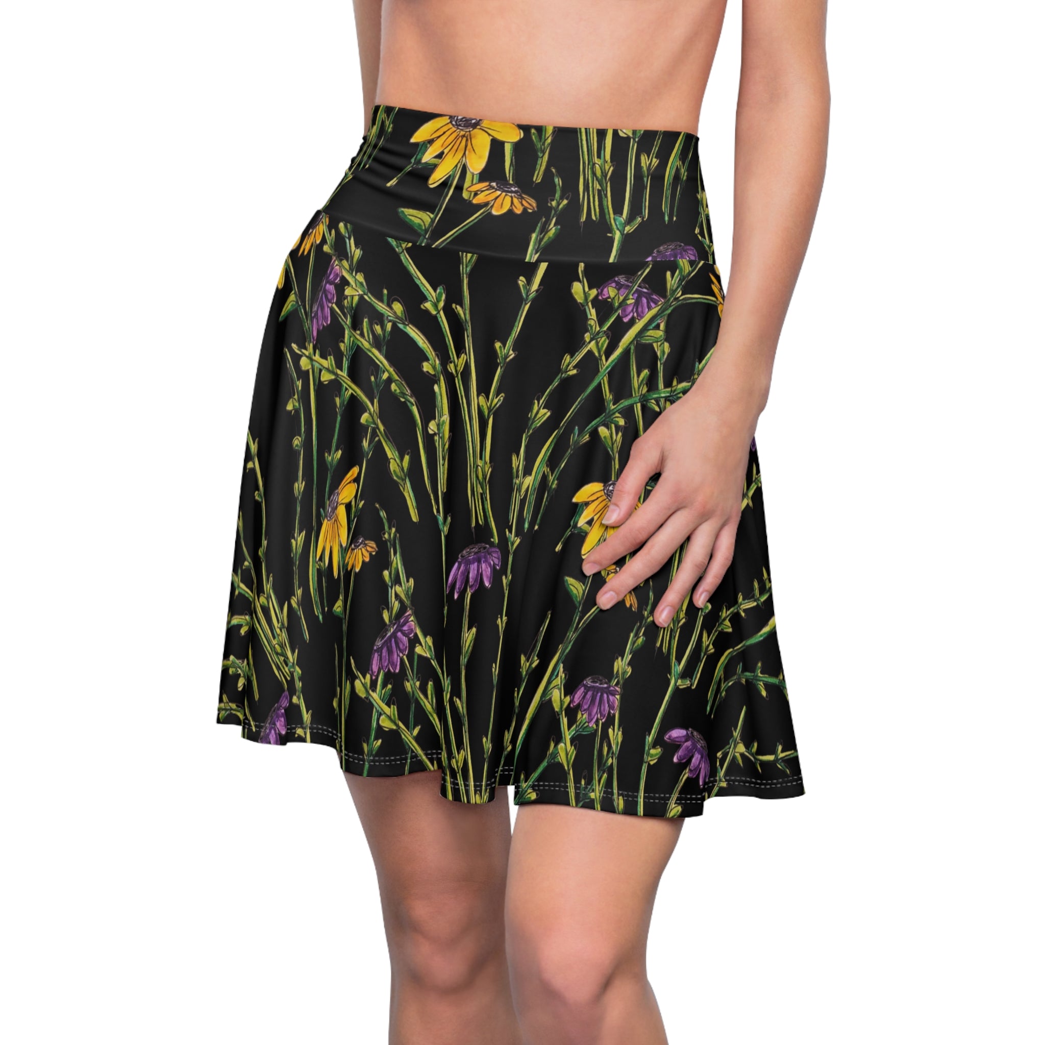 Wildflower Night Skater Skirt – Black Botanical Floral Print